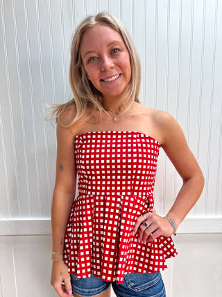 Palmer Checkered Strapless Peplum Top-Shirts & Tops-ENTRO-FD 04/20/26,RWB,Tops Collection-The Twisted Chandelier
