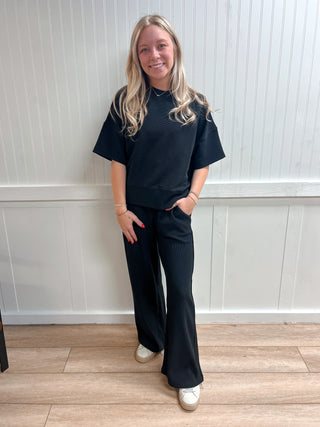 Jovie Ribbed Round Neck Tee & Pants Set – Soft Knit Two-Piece Lounge Outfit - Black-Outfit Sets-Zenana-05/07/26,FD 03/12/26,OGP 59.95-The Twisted Chandelier