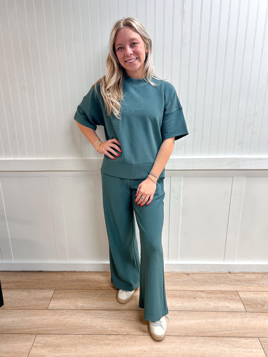 Jovie Ribbed Round Neck Tee & Pants Set – Soft Knit Two-Piece Lounge Outfit - Ash Jade-Outfit Sets-Zenana-FD 03/12/26-The Twisted Chandelier