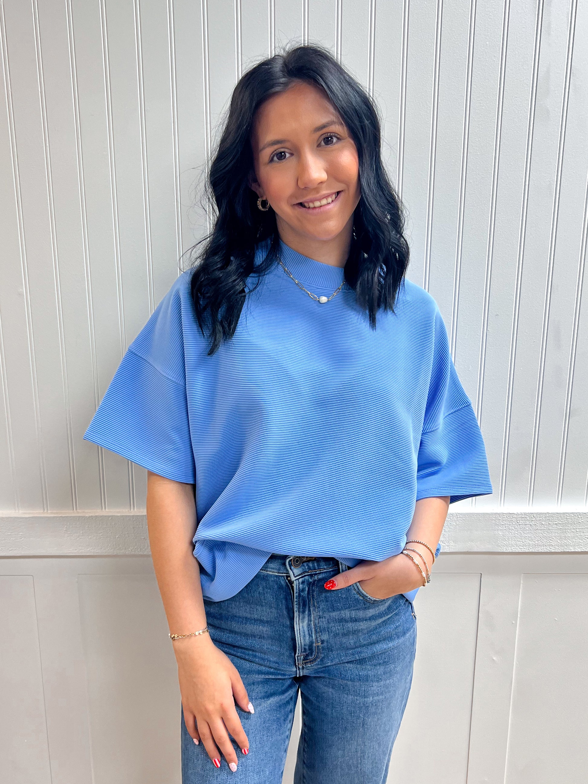 Kinsley Ribbed Round Neck Waist Banded Tee Shirts - Cornflower Blue-Zenana-FD 03/12/26,Tops Collection-The Twisted Chandelier