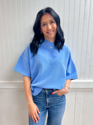 Kinsley Ribbed Round Neck Waist Banded Tee Shirts - Cornflower Blue-Shirts & Tops-Zenana-FD 03/12/26,RWB,Tops Collection-The Twisted Chandelier