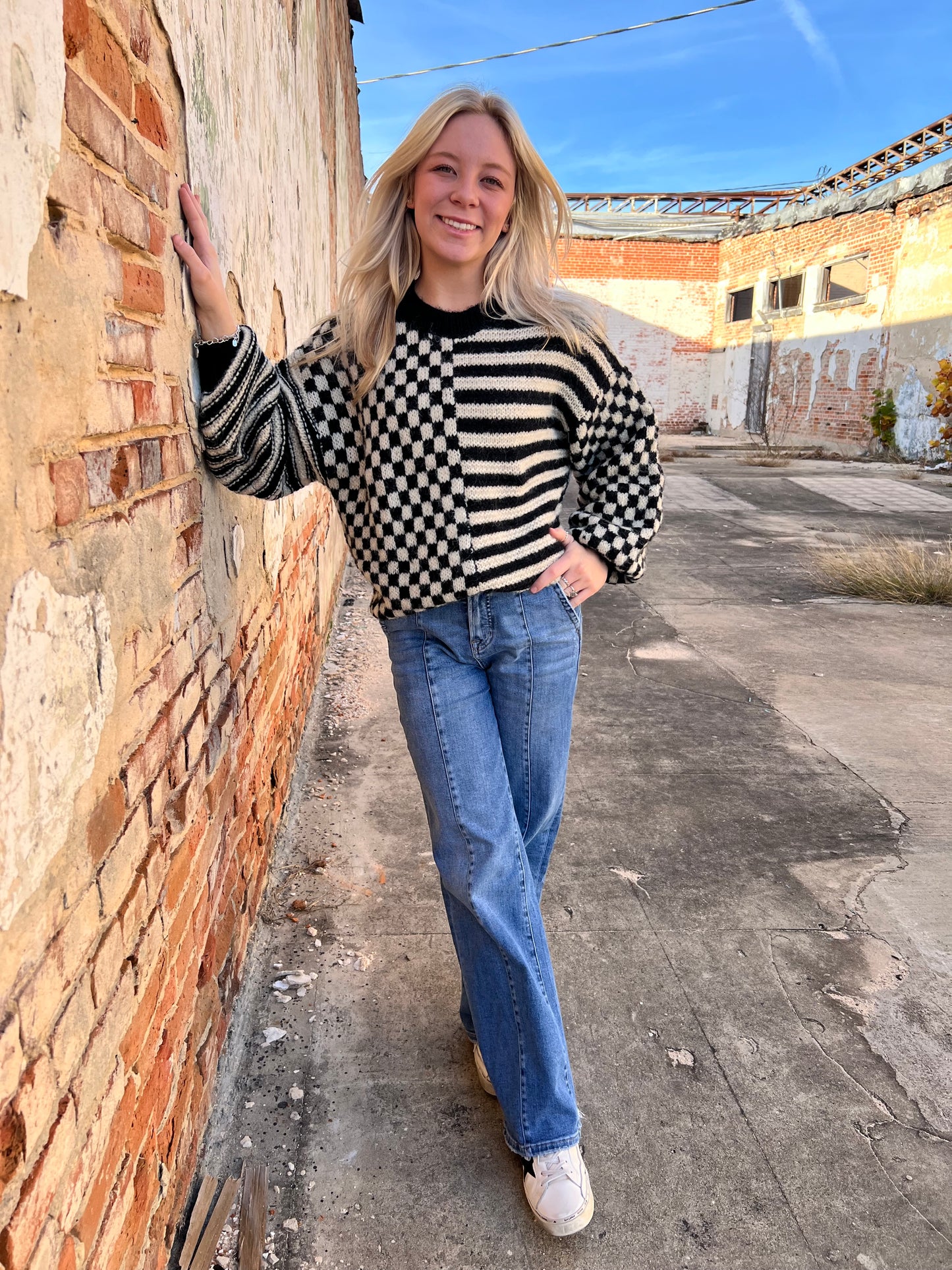 Emma Stripe and Checkered Crewneck Knit Sweater-Sweater-Blu Pepper-FD 12/17/24-The Twisted Chandelier