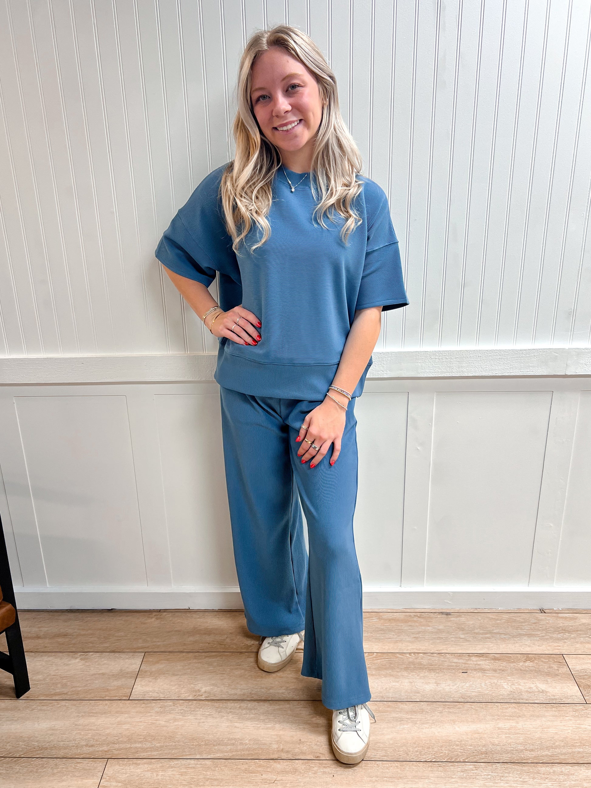 Jovie Ribbed Round Neck Tee & Pants Set – Soft Knit Two-Piece Lounge Outfit - Dusty Blue-Outfit Sets-Zenana-The Twisted Chandelier