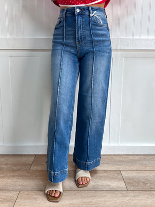 Mallory High Rise Wide Leg Pintuck Denim Jeans-Pants-Zenana-bottoms-The Twisted Chandelier