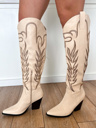 Sophia The Bronco Off White Knee High Cowboy Western Boot-OASIS SOCIETY-The Twisted Chandelier