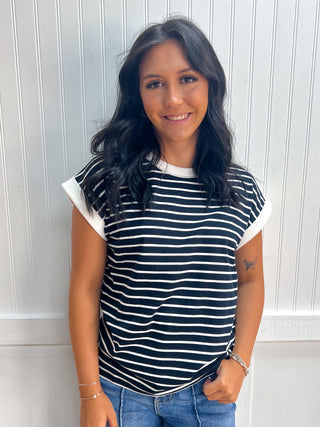 Carly Contrast Trim Cap Sleeve Stripe Tee - Black-Top-Zenana-FD 07/28/26,Tops Collection-The Twisted Chandelier