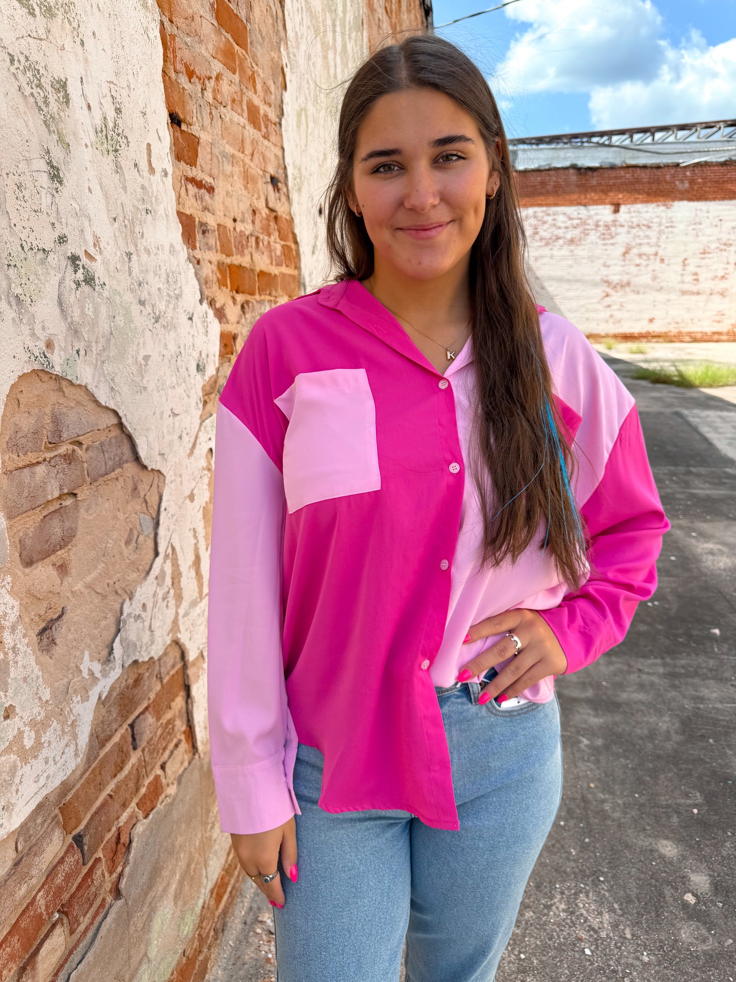 Pink Color Block Button Up Top-TOP-Southern Grace Wholesale-7660-CC-PINK,Tops Collection-The Twisted Chandelier