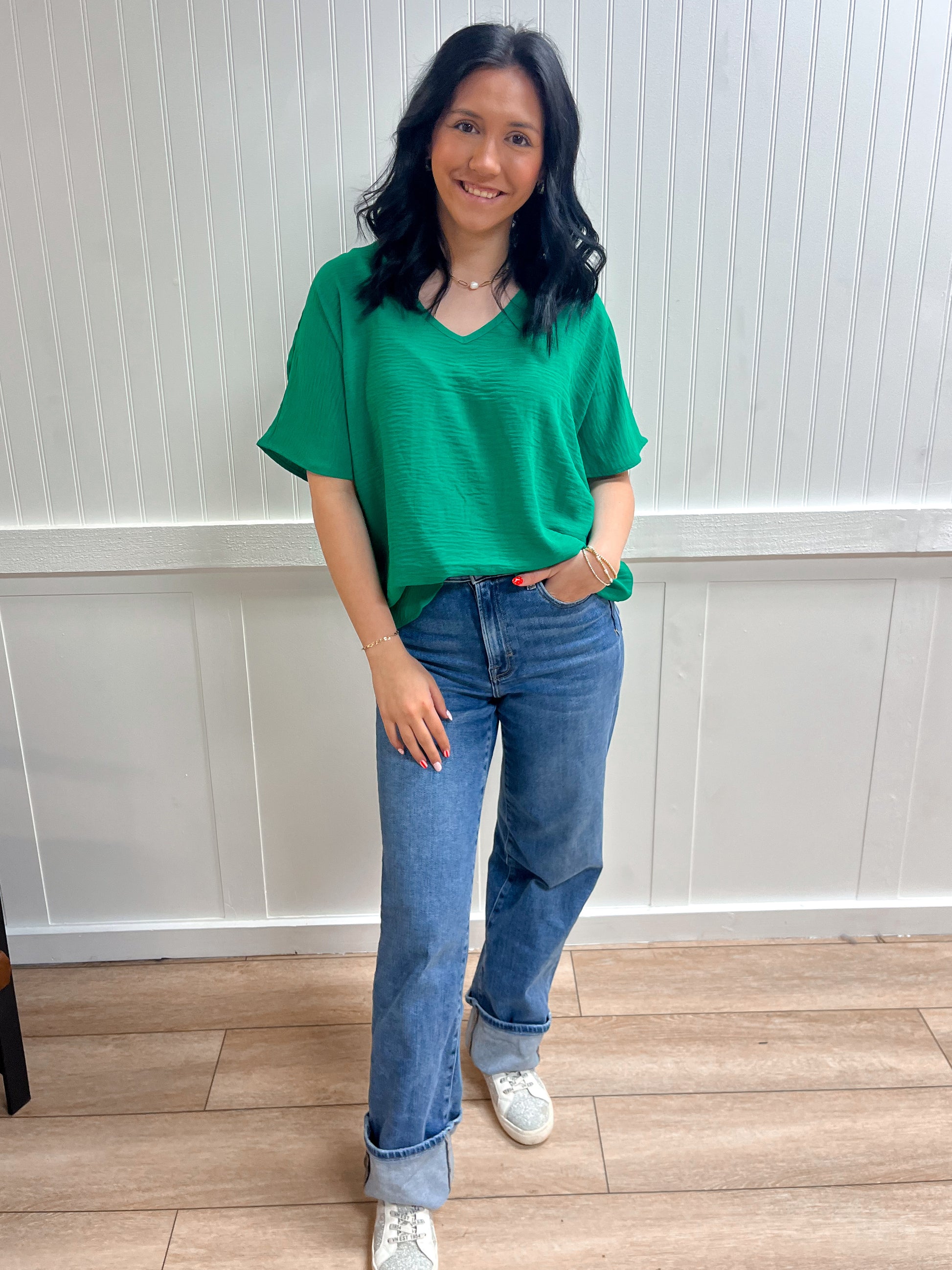 Brynn Woven Airflow V-Neck Short Sleeve Top - Kelly Green-ZENANA-Tops Collection-The Twisted Chandelier