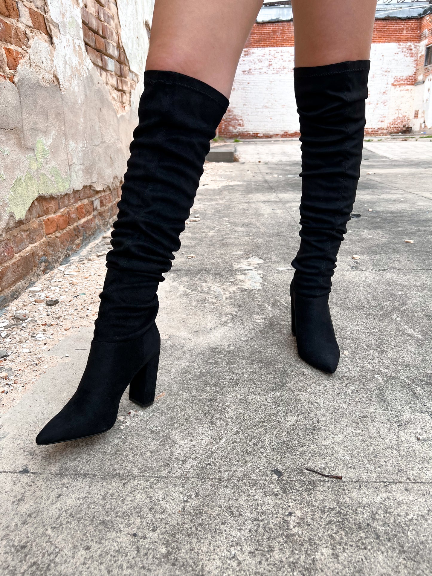 Over the Knee Black Stretch Faux Suede Boots-Boots-Qupid-09/12/23-The Twisted Chandelier