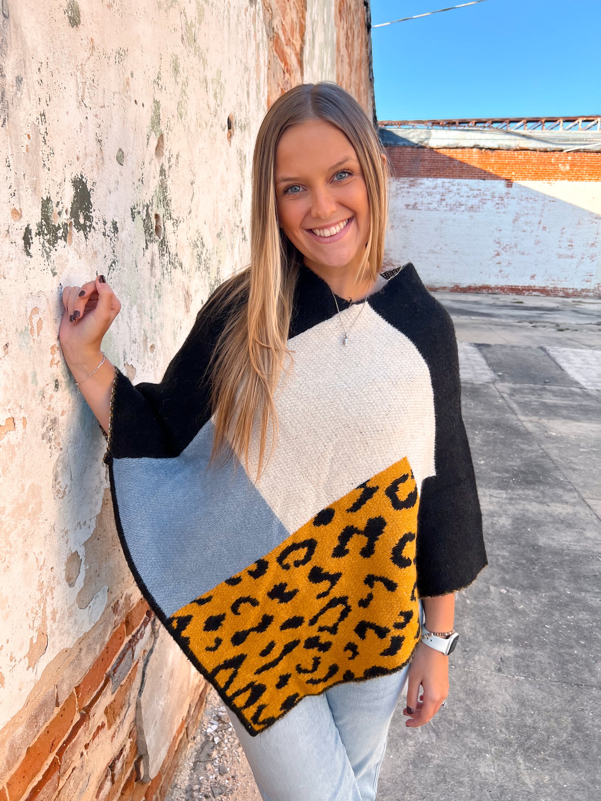 Mavis Leopard Color Block Poncho-Top-Your Fashion Wholesale-FD OCT312022, T1-The Twisted Chandelier