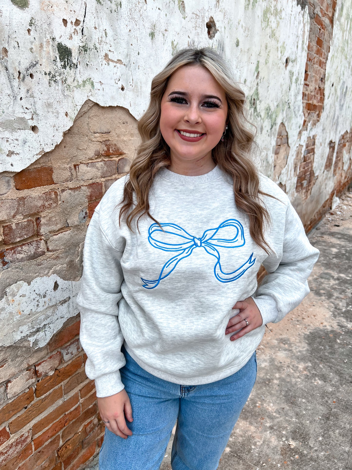 Put a Bow On It Embroidered Sweatshirt-Sweatshirt-Bailey Rose-BIN B4, CR 08/15/24, FD 09/03/24, Tops Collection-The Twisted Chandelier