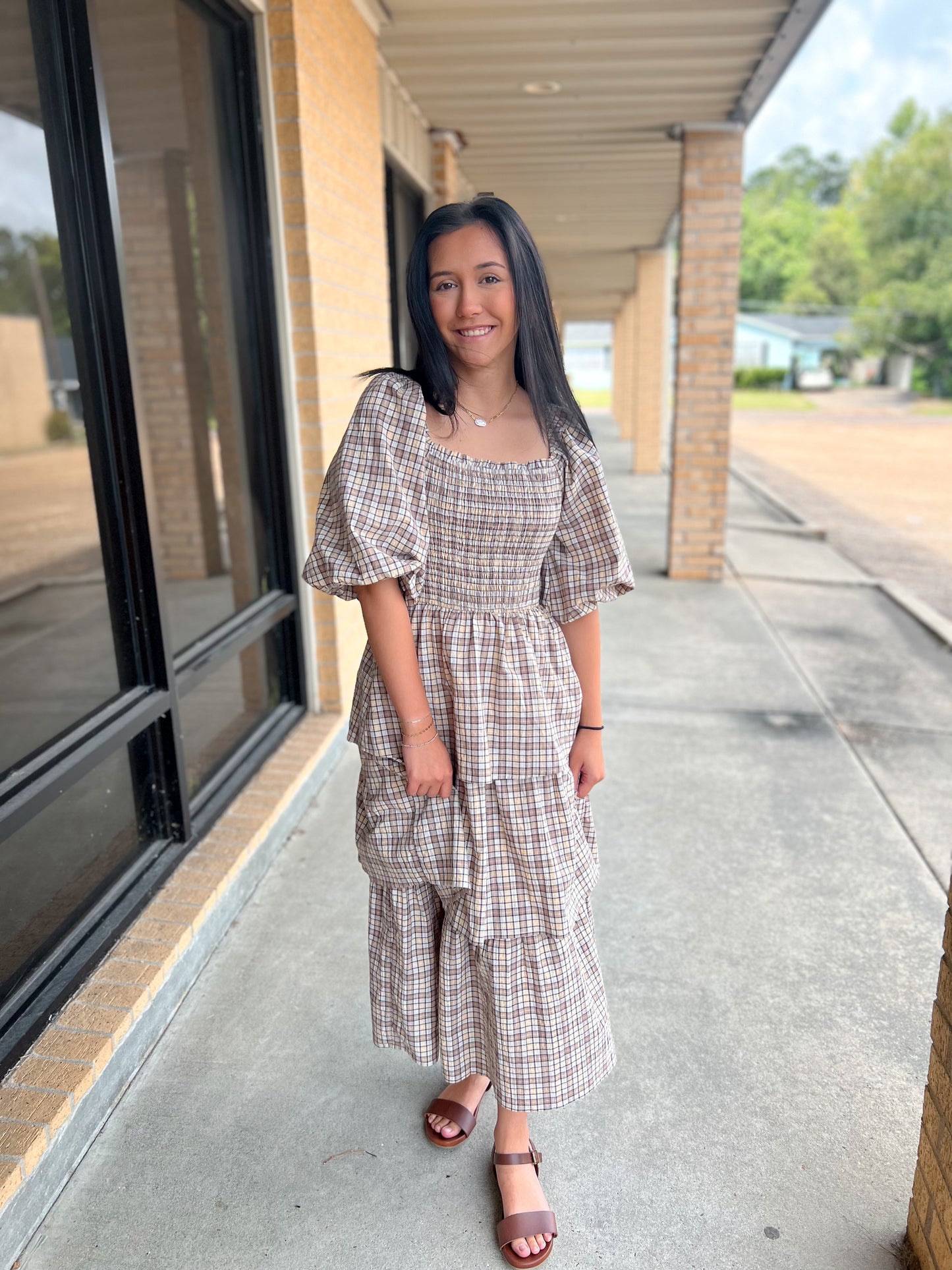 Charlotte Crinkled Plaid Smocked Top Midi Dress-Oddi-Bin B3,DJR-The Twisted Chandelier
