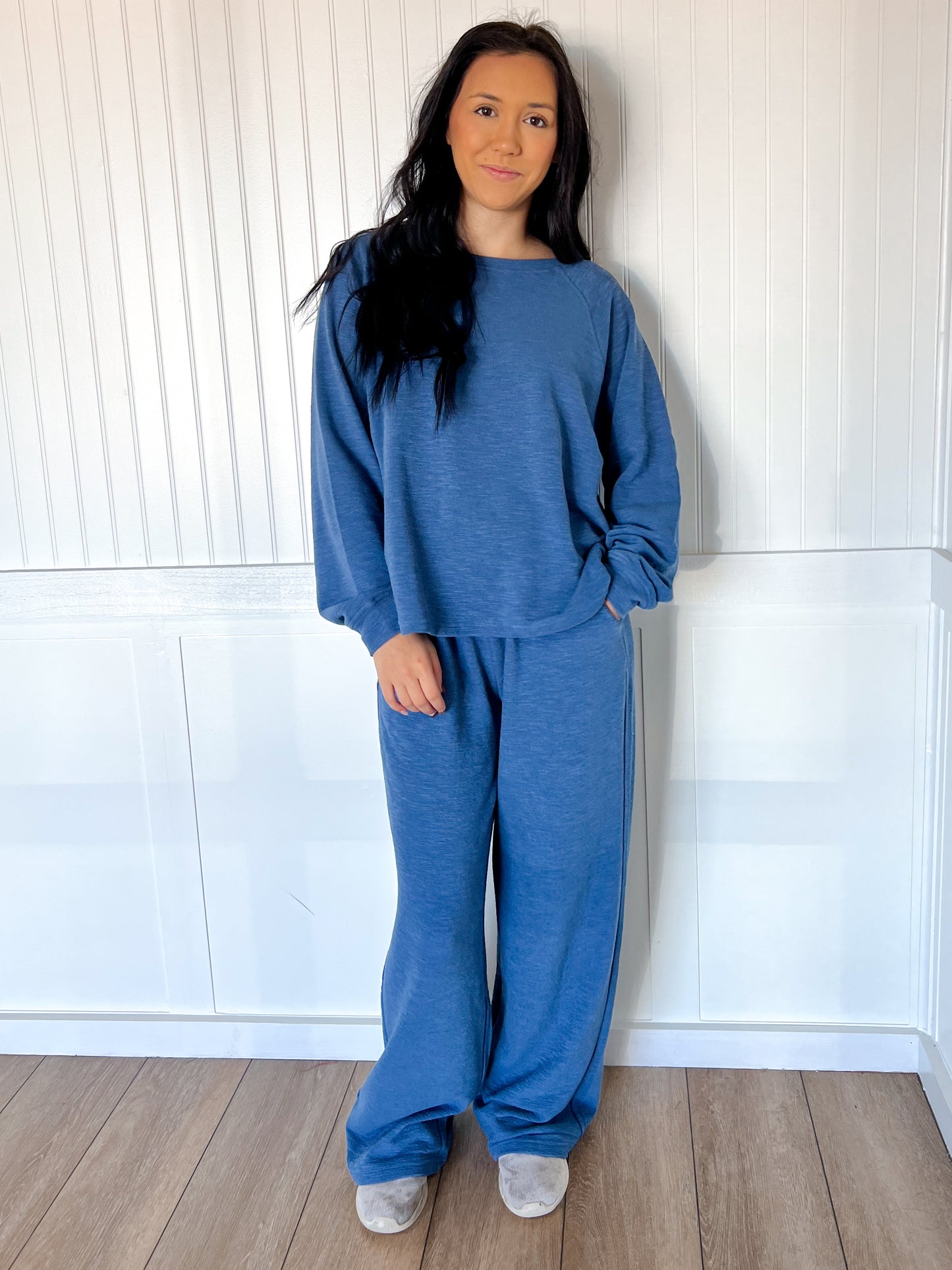 Sally Long Sleeve Top and Pant Set - Dusty Blue-Zenana-The Twisted Chandelier