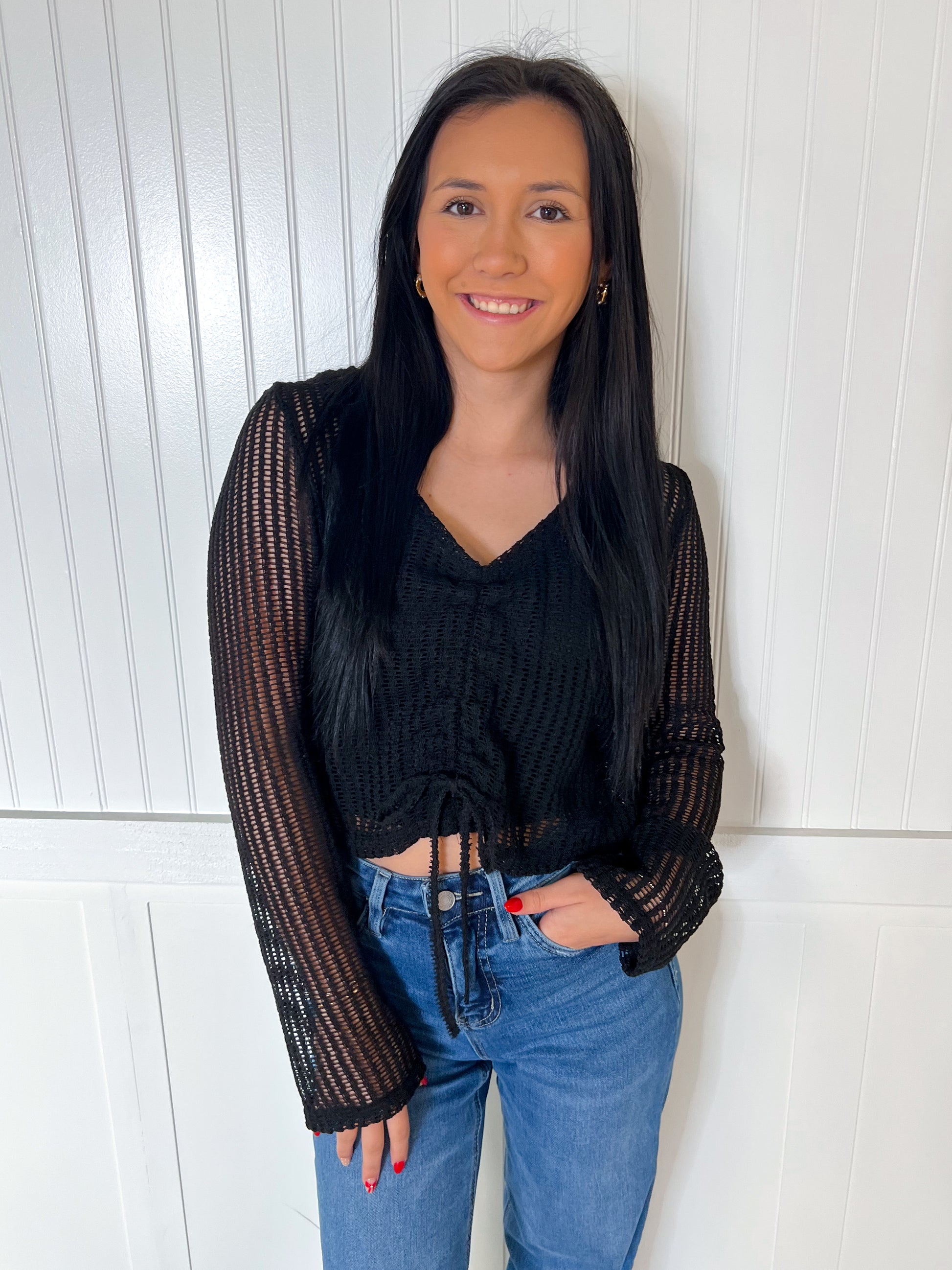 Zella Drawstring Long Sleeve Sheer Crochet Top-Apparel & Accessories-blu pepper-B4ST1063,BIN A 3,Tops Collection-The Twisted Chandelier