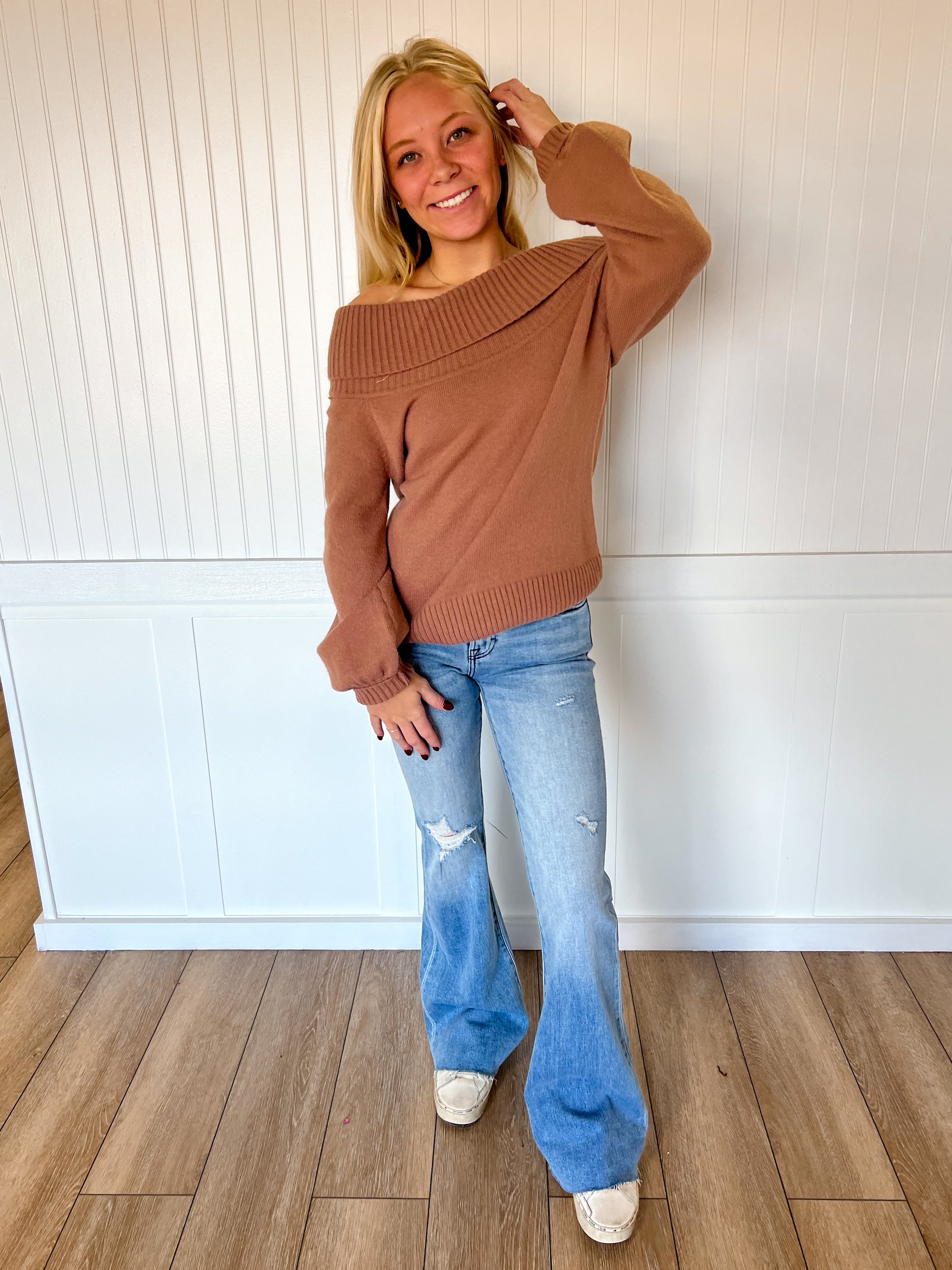 Mayci Ribbed Fold Over Off The Shoulder Knitted Sweater-Vine & Love-The Twisted Chandelier