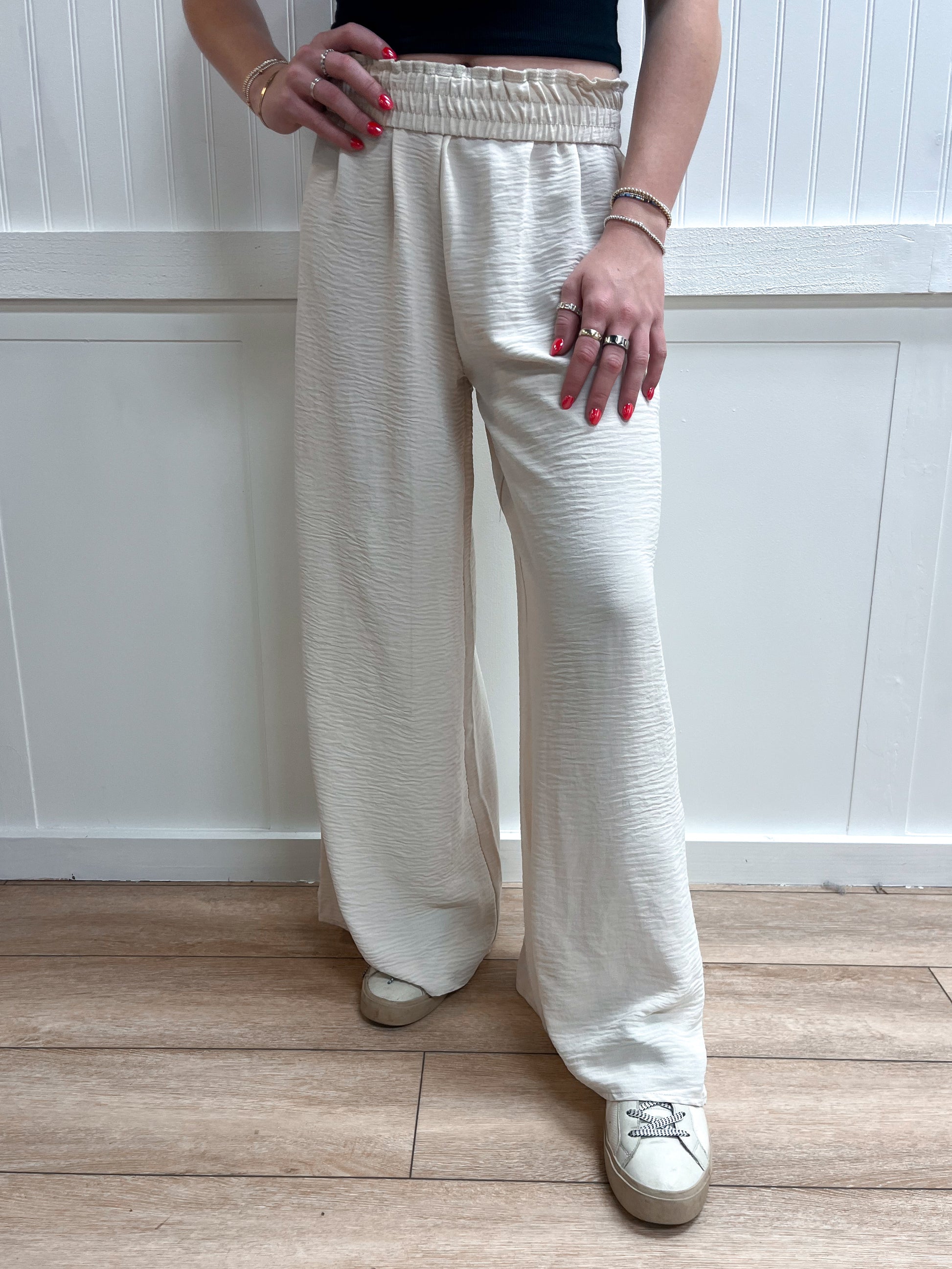 Wren Woven Airflow Elastic Waistband Pants - Sand Beige-ZENANA-bottoms-The Twisted Chandelier