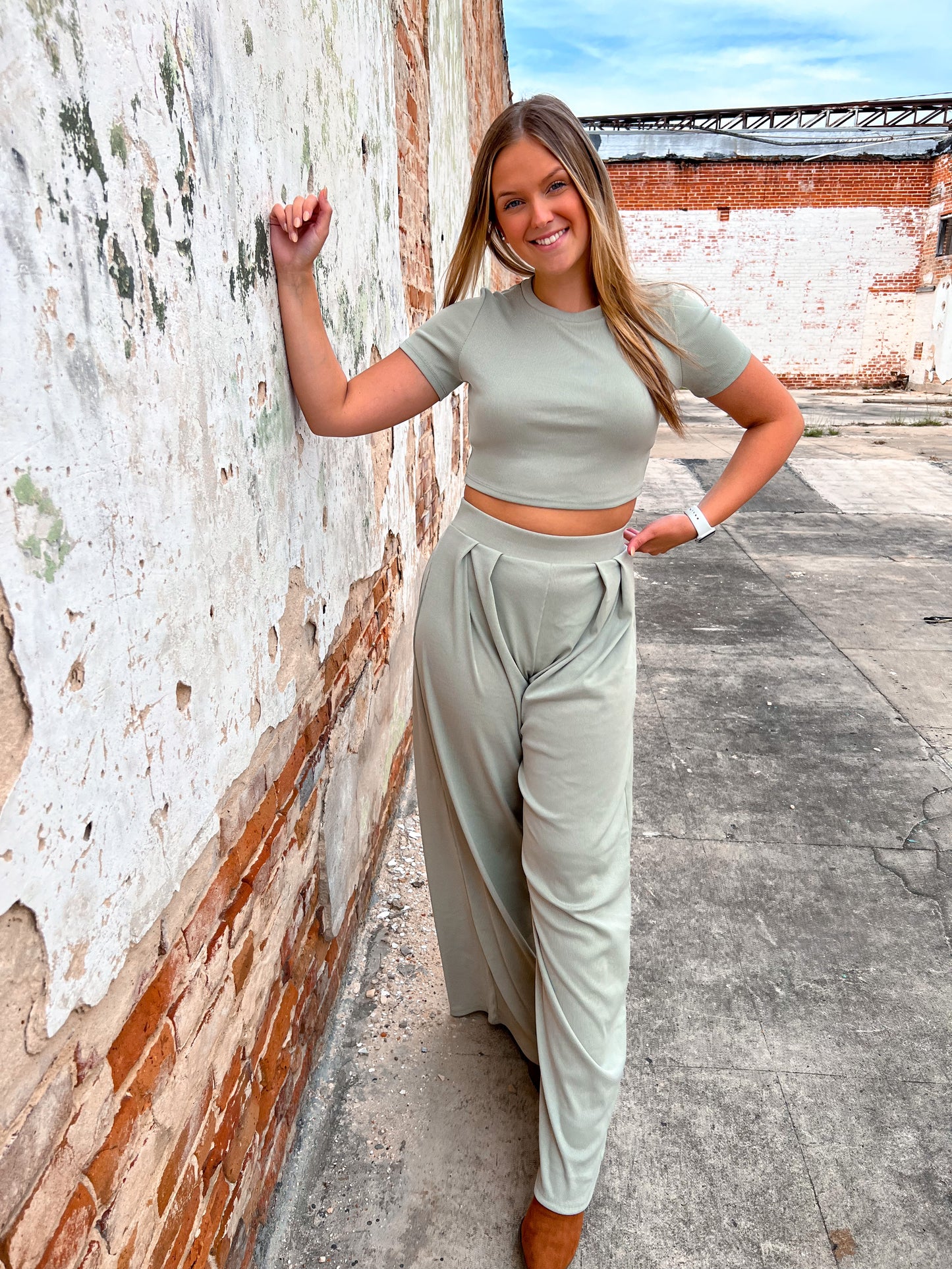 Raeleigh Crop Top and Pant Set - Sage Green-Outfit Sets-Boutique Inventory Exchange--The Twisted Chandelier