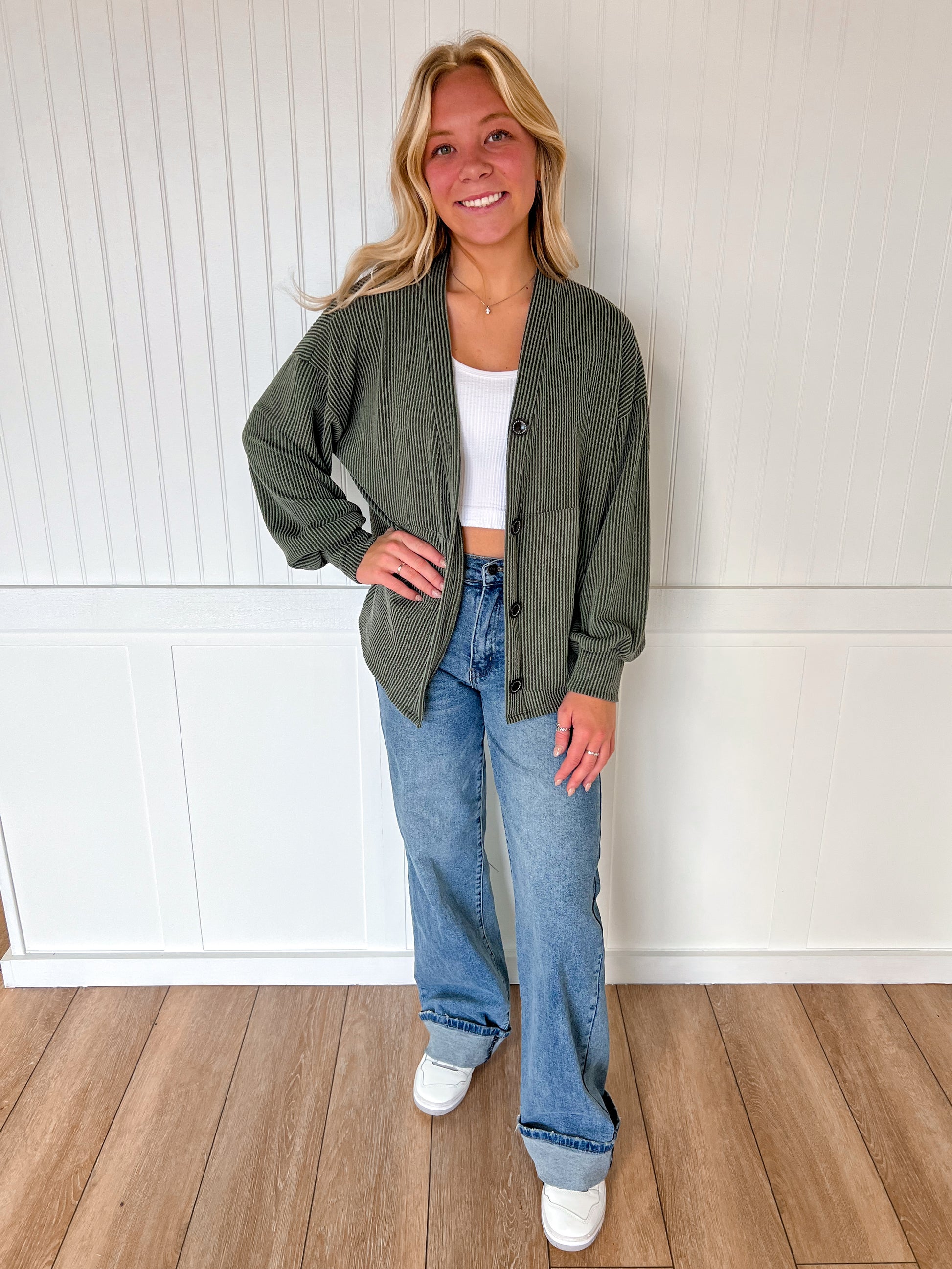 Kate Solid Rib Drop Shoulder Button Balloon Sleeve Cardigan - Olive-7th Ray-BIN A2,FD 09/22/25-The Twisted Chandelier