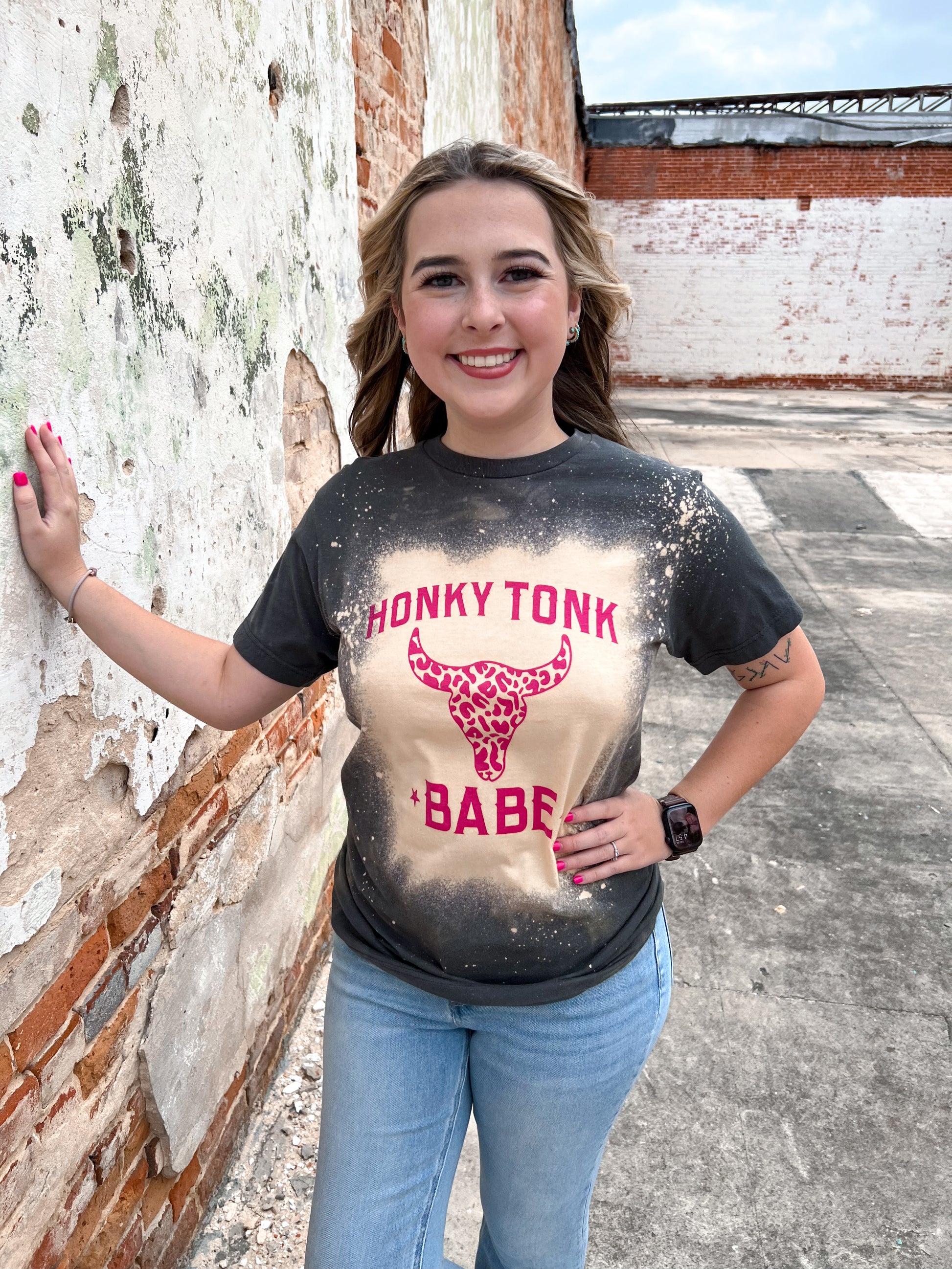 Honky Tonk Babe Bleached Tee Shirt-Shirt-Bling-A-Gogo-8/29/23-The Twisted Chandelier