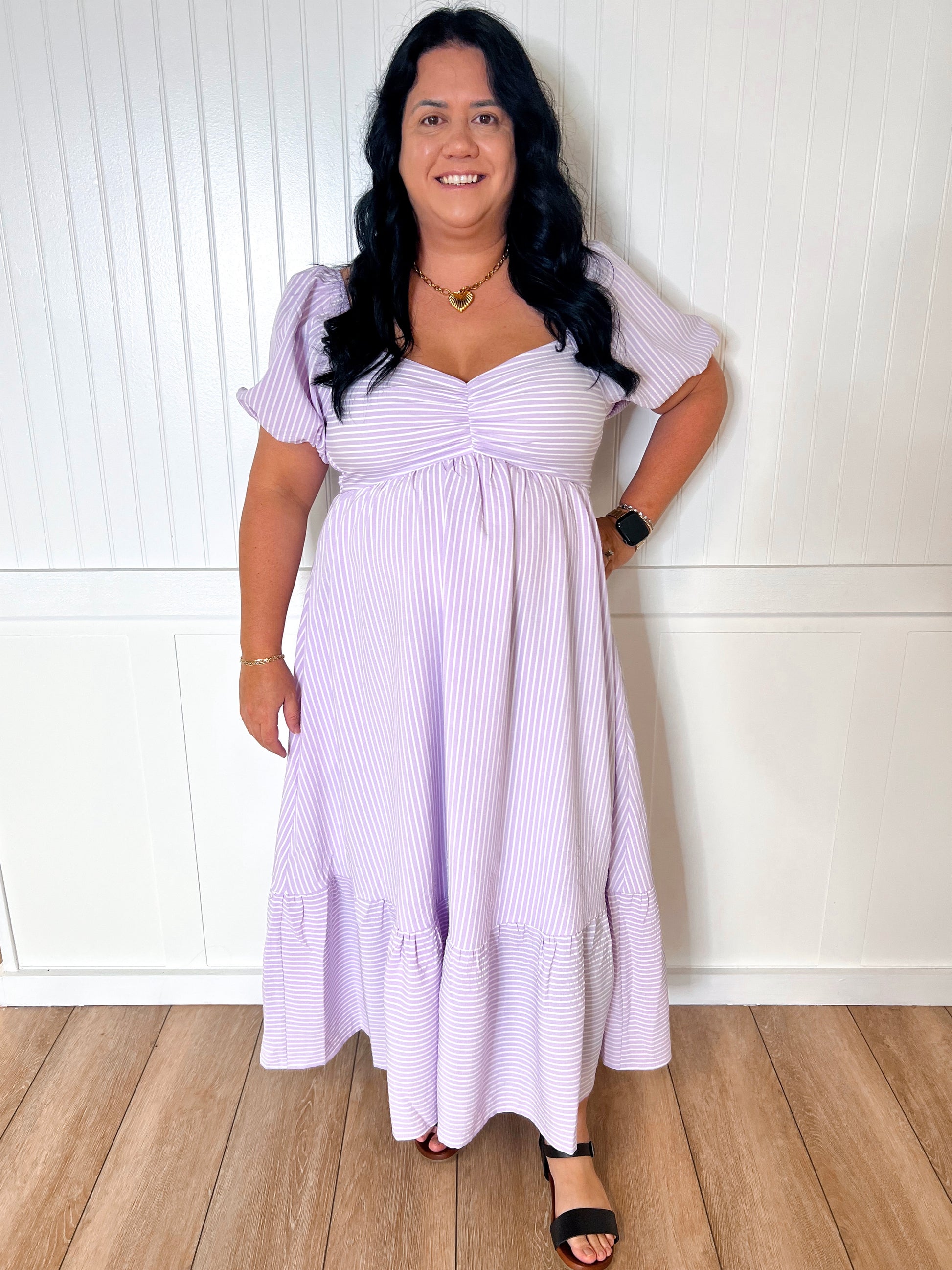Emily Sweetheart Neck Striped Midi Dress With Smocked Back - Lavender-Dresses-in february-05/14/25,1st md,BIN D3,DJR,dress,FD 03/18/25,OGP 69.99-The Twisted Chandelier