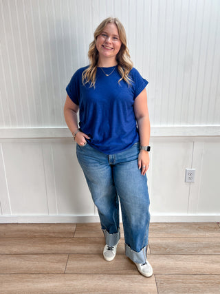 Addie Slub Cuffed Sleeve Tee - Navy-Top-ZENANA-FD 08/03/26,Tops Collection-The Twisted Chandelier