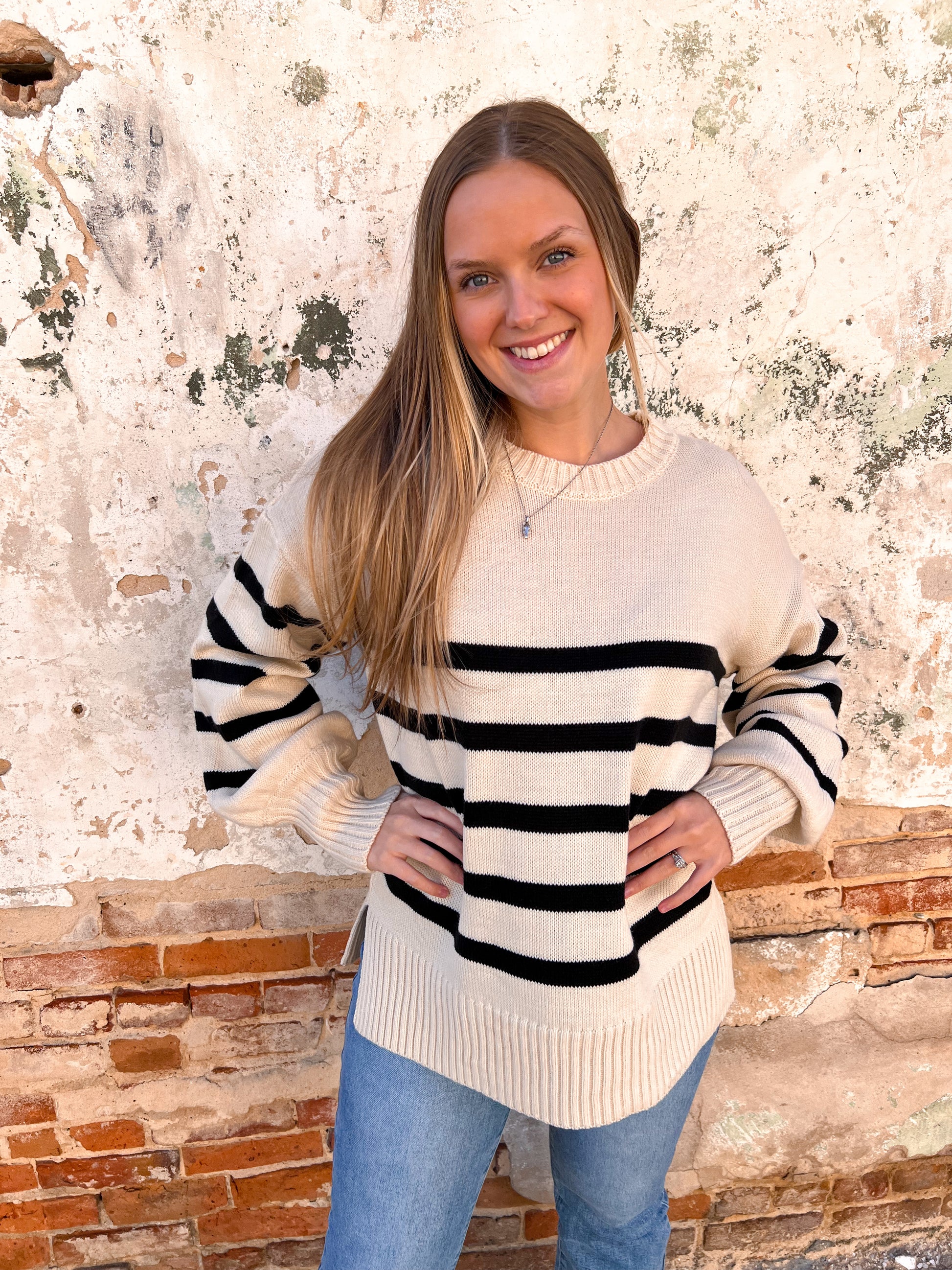 Aurora Striped Sweater - Taupe and Black-Sweatshirt-better be--The Twisted Chandelier