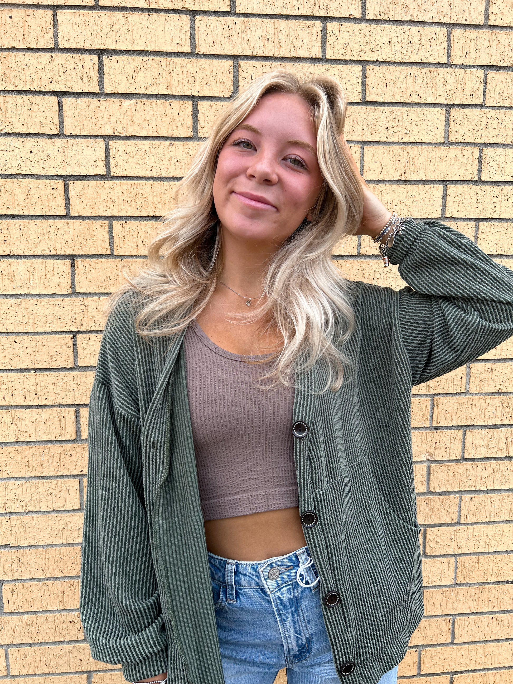 Kate Solid Rib Drop Shoulder Button Balloon Sleeve Cardigan - Olive-7th Ray-Bin a4,FD 09/22/25-The Twisted Chandelier
