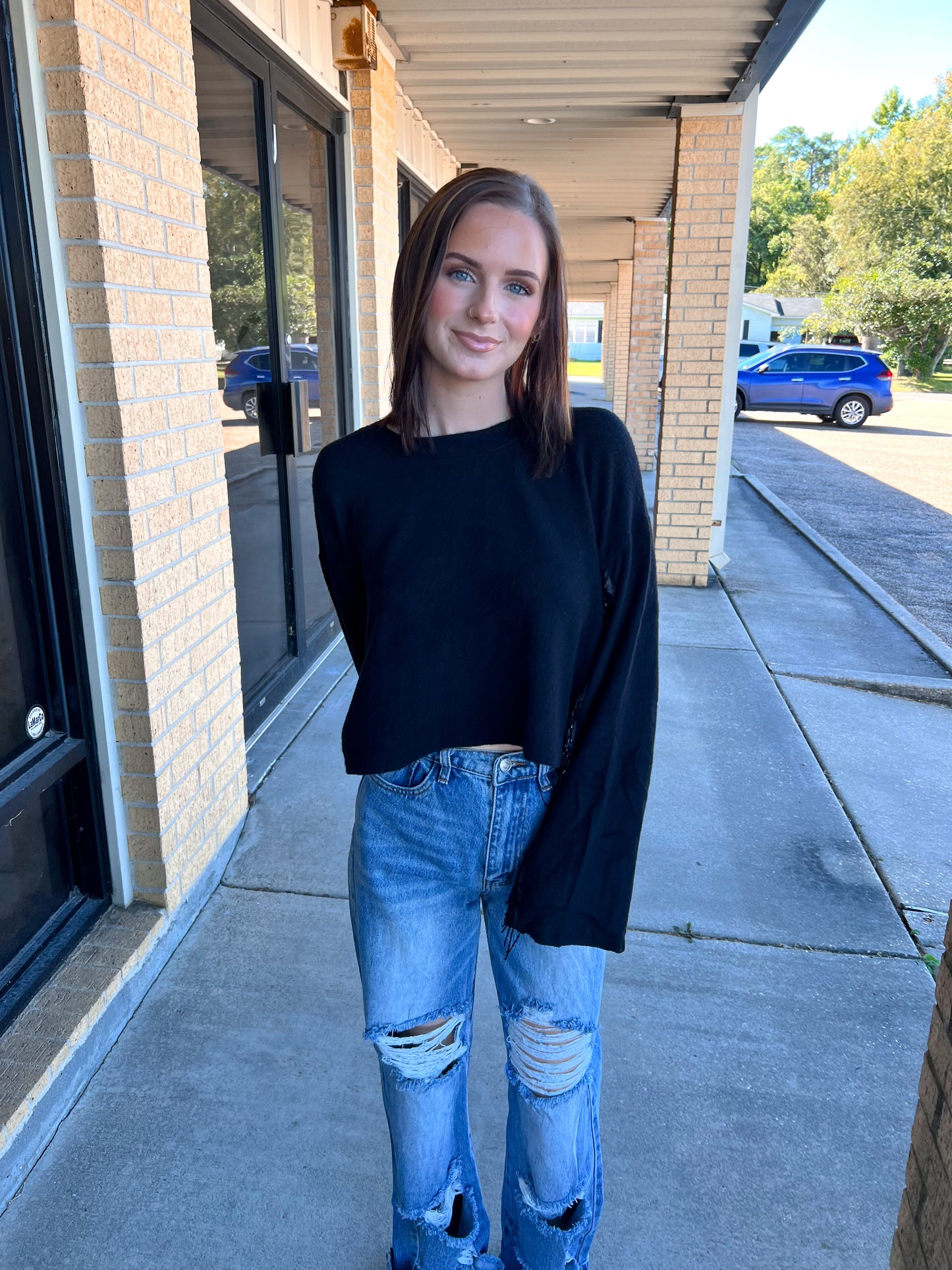 Valentina Black Sweater Rhinestone Fringed Sleeves-Sweater-Vocal-20005L,Max Retail,not on the floor only in totes,Winter Tote T1-The Twisted Chandelier