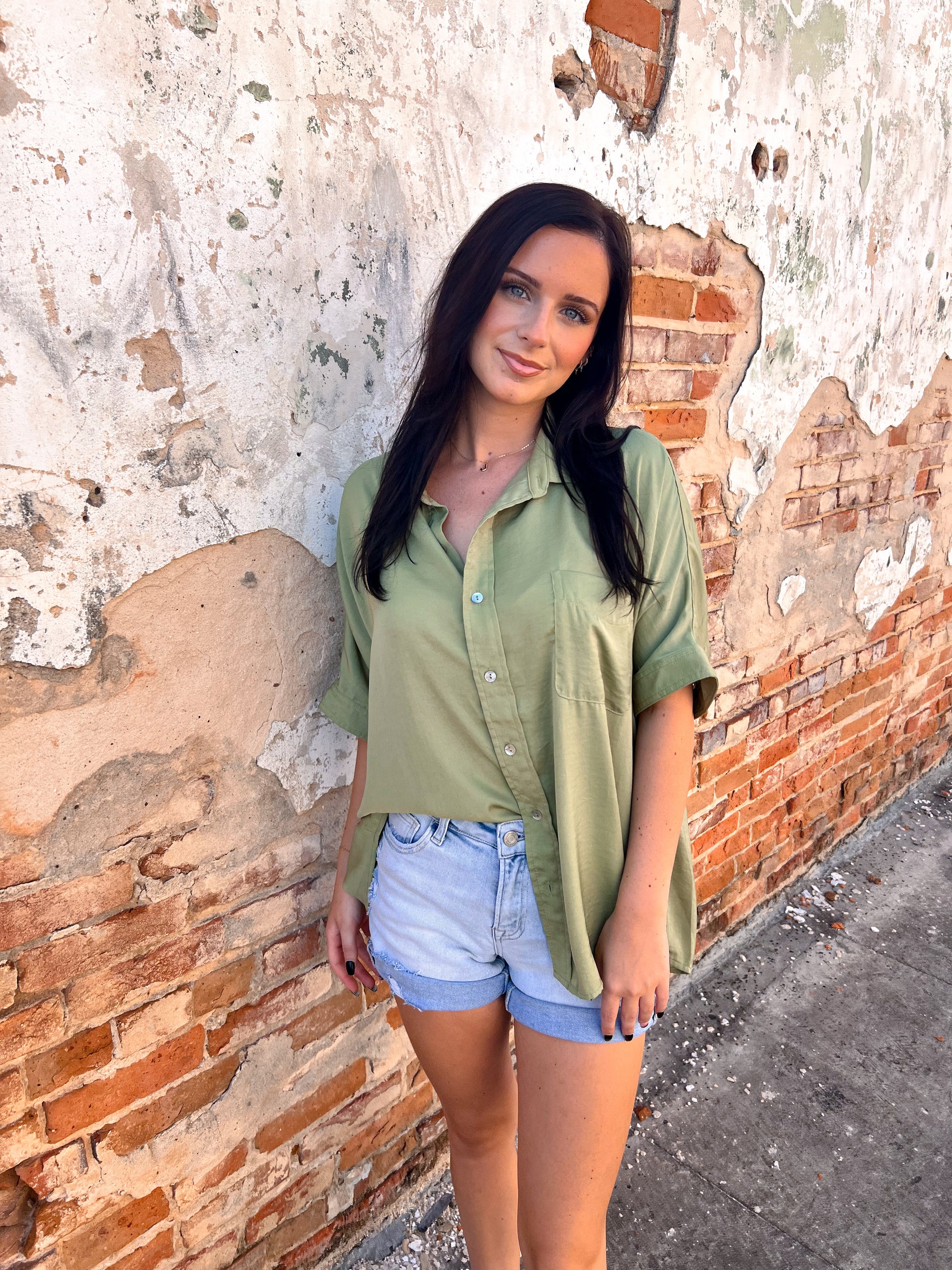 Evalina Solid Short Sleeve Button Down Top-Apparel & Accessories-ee:some-BIN D3,FD 06/18/24,TK11019,Tops Collection-The Twisted Chandelier