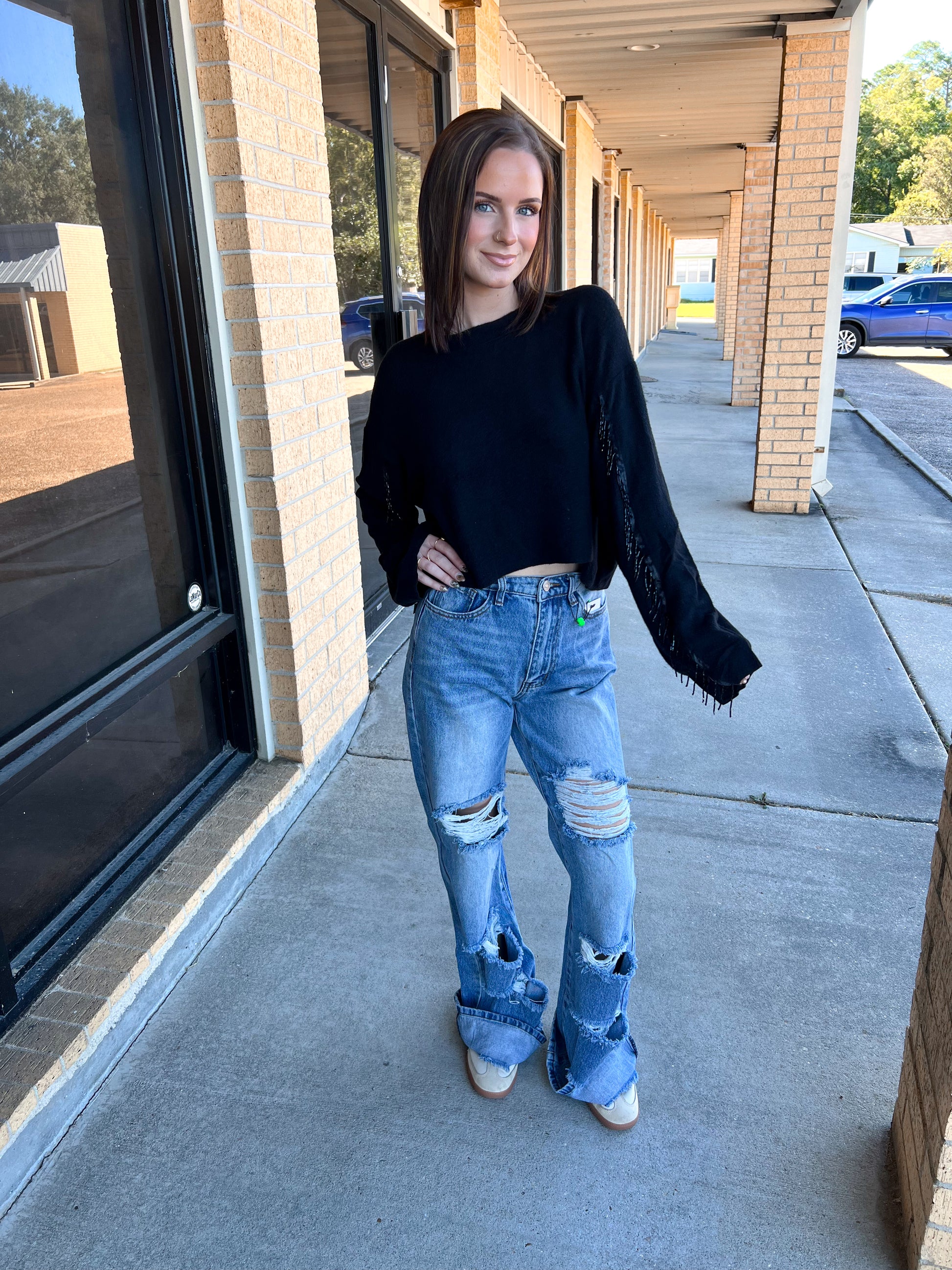 Valentina Black Sweater Rhinestone Fringed Sleeves-Sweater-Vocal-20005L,Max Retail,not on the floor only in totes,Winter Tote T1-The Twisted Chandelier