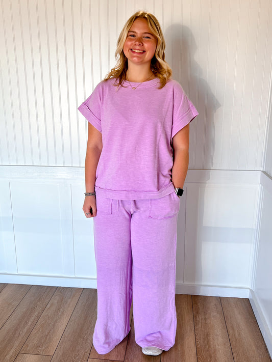 Venna Washed Short Sleeve Tee and Long Pant Set-Zenana-The Twisted Chandelier