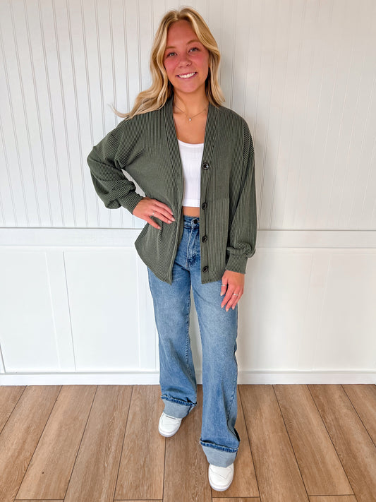 Kate Solid Rib Drop Shoulder Button Balloon Sleeve Cardigan - Olive-7th Ray-BIN A2,FD 09/22/25-The Twisted Chandelier