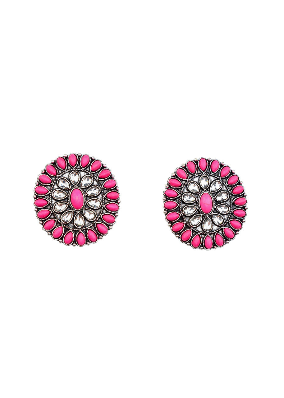 West and Co. Large Pink and Rhinestone Cluster Post Earring-Stud Earrings-West and Co.--The Twisted Chandelier