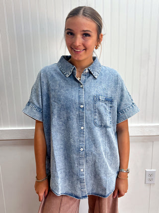 Blythe Mineral Washed Chambray Oversized Shirt Top