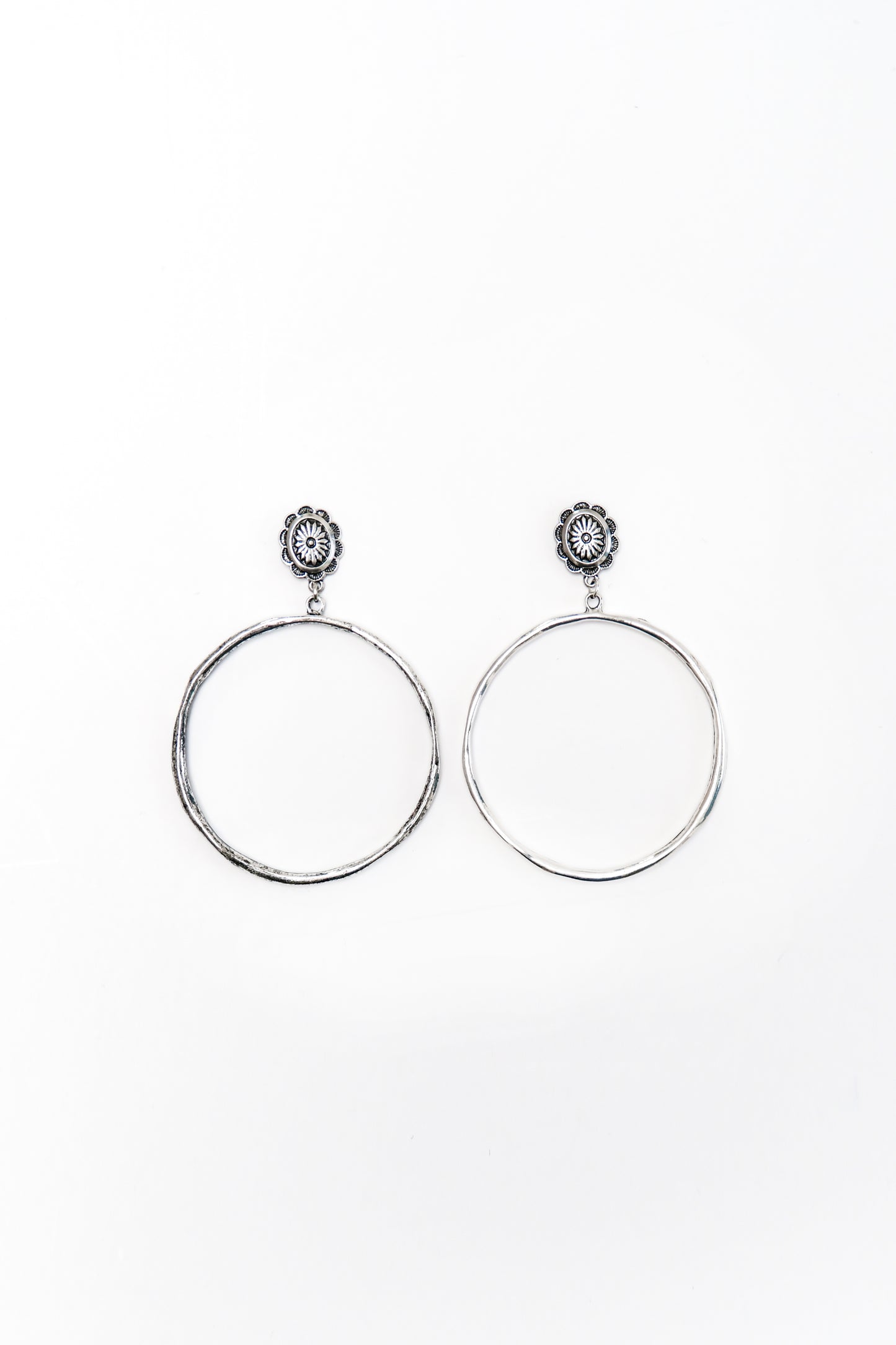 West and Co. Large Burnished Silver Hammered Hoop Earring with Silver Flower Post-Hoop Earrings-West and Co.--The Twisted Chandelier