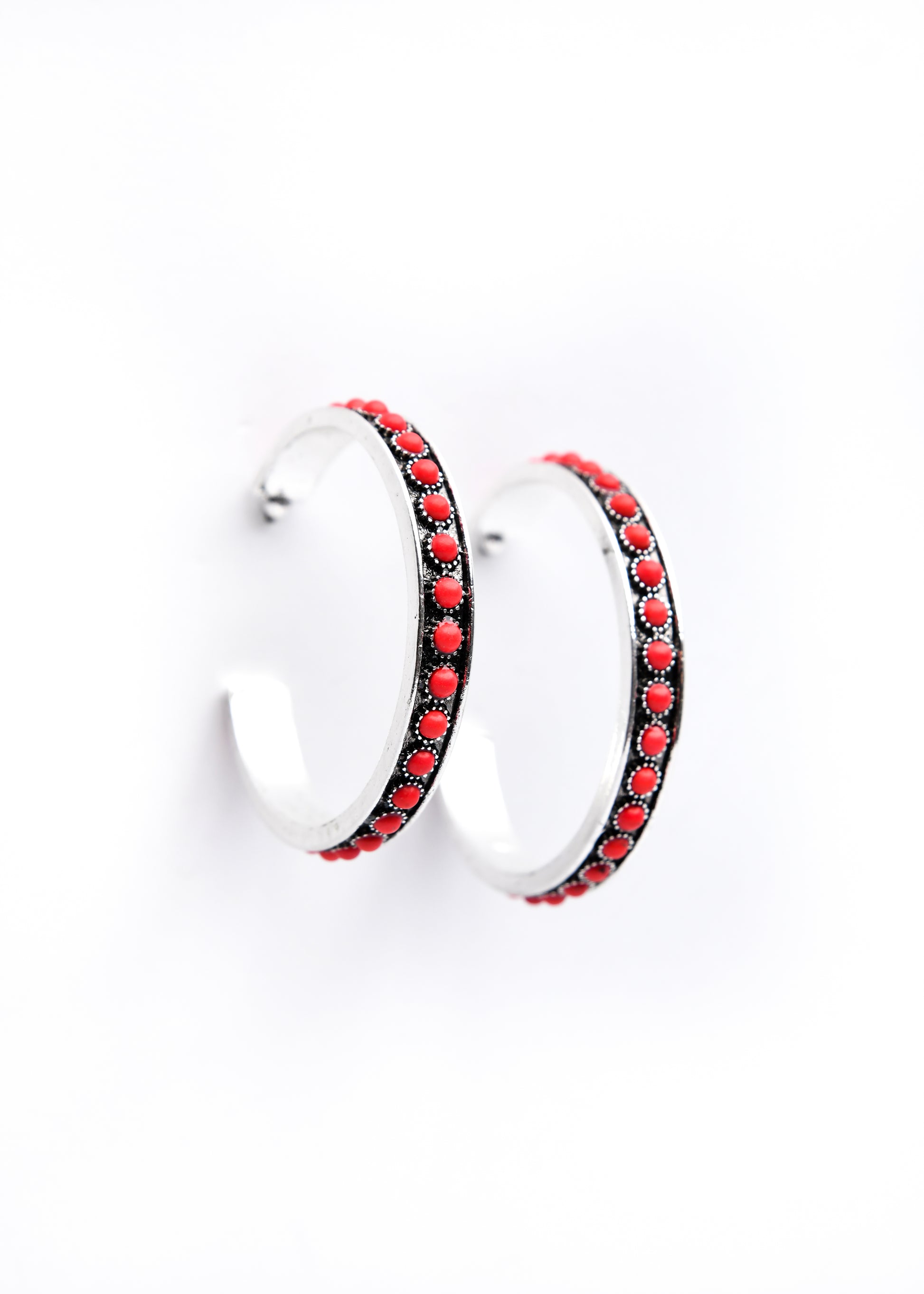 West and Co. Burnished Silver and Red Hoop Earrings-Hoop Earrings-West and Co.--The Twisted Chandelier