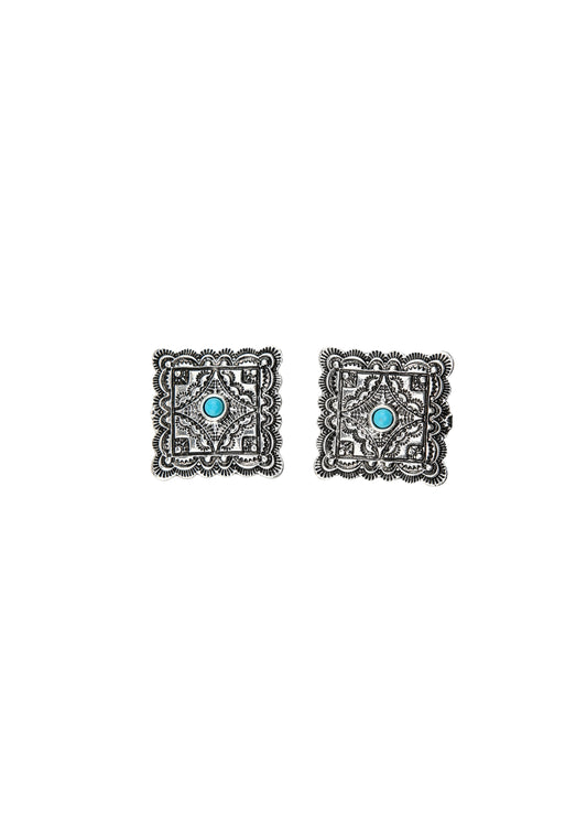 West and Co. 1" Burnished Silver Square Stamped Post Earrings with Turquoise Accent-STUD-West and Co.--The Twisted Chandelier
