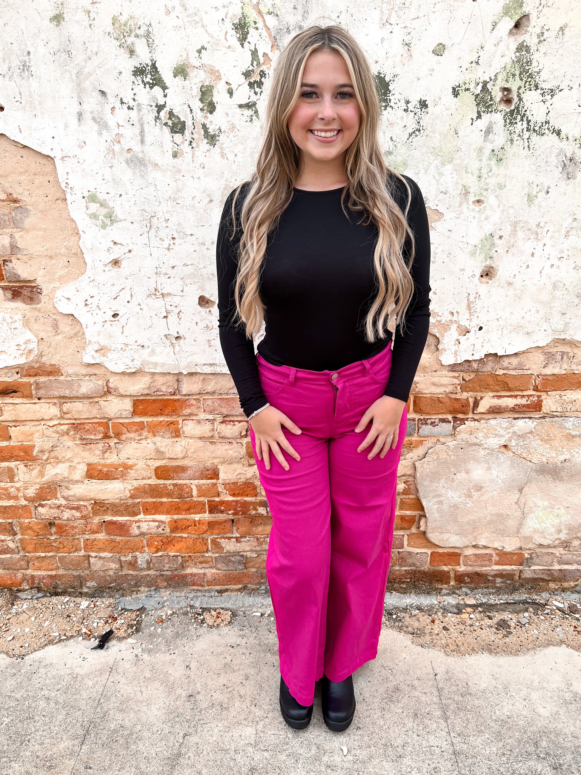 Alyssa Solid Magenta High Waisted Wide Leg Pants-Pants-Entro-8/8/23, BIN A5-The Twisted Chandelier