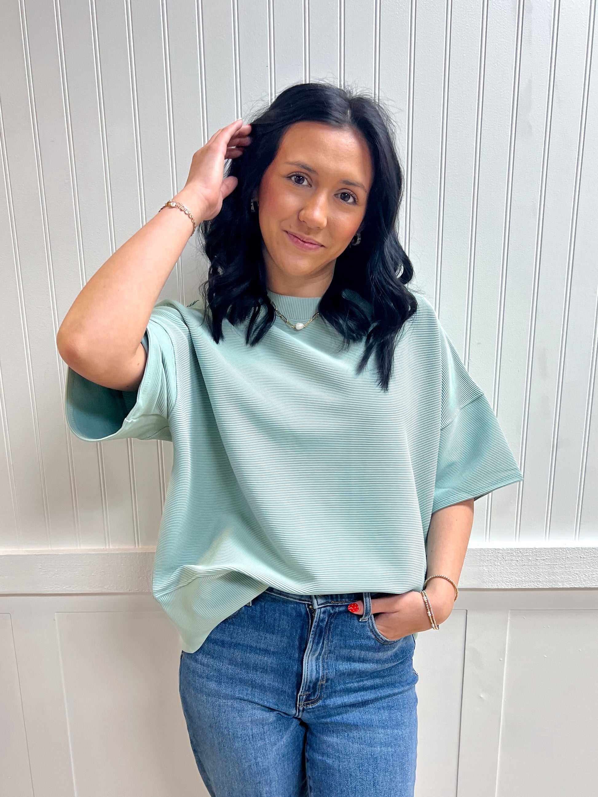 Kinsley Ribbed Round Neck Waist Banded Tee Shirts - Dusty Green-Zenana-Tops Collection-The Twisted Chandelier