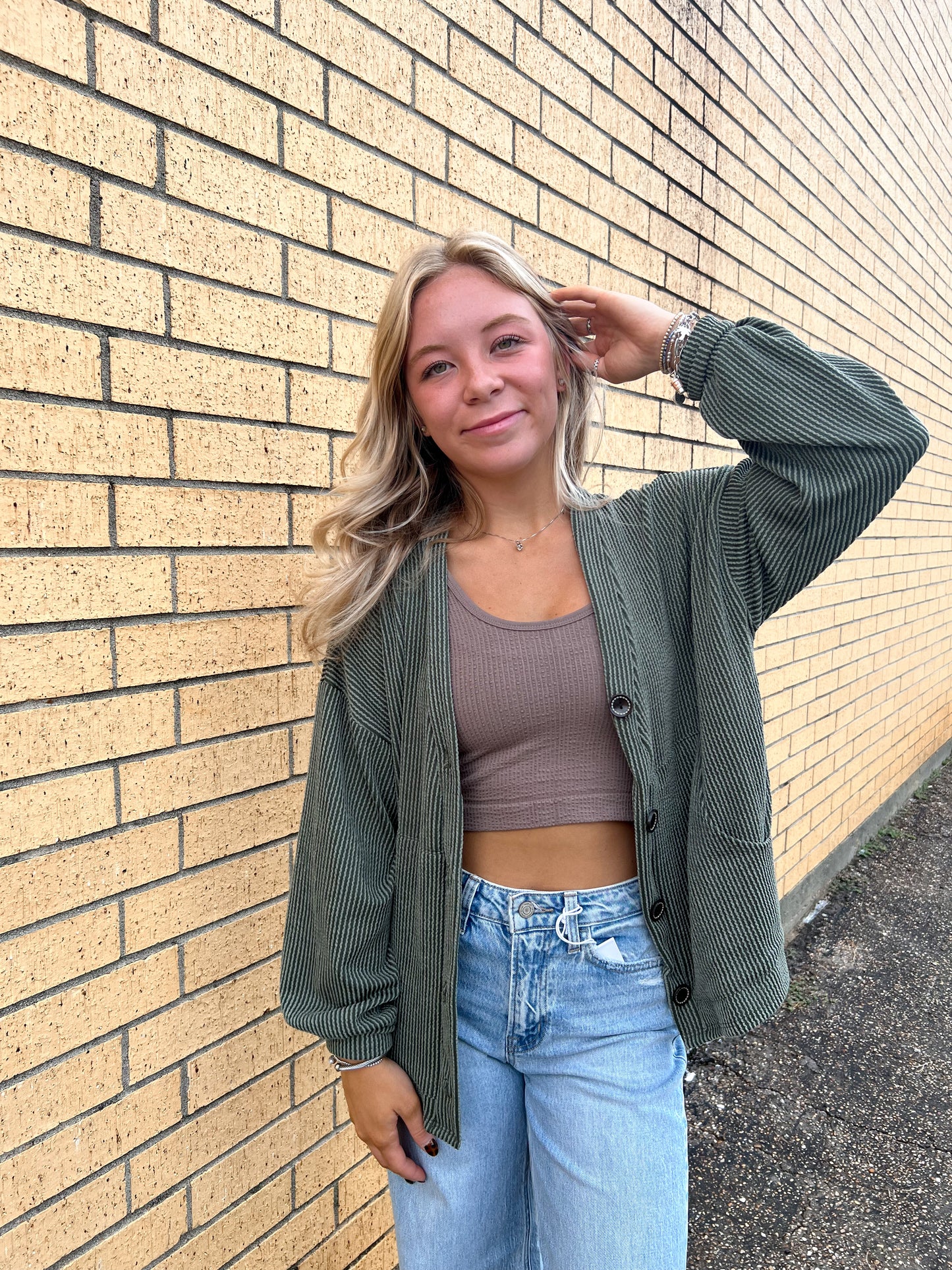 Kate Solid Rib Drop Shoulder Button Balloon Sleeve Cardigan - Olive-7th Ray-Bin a4,FD 09/22/25-The Twisted Chandelier