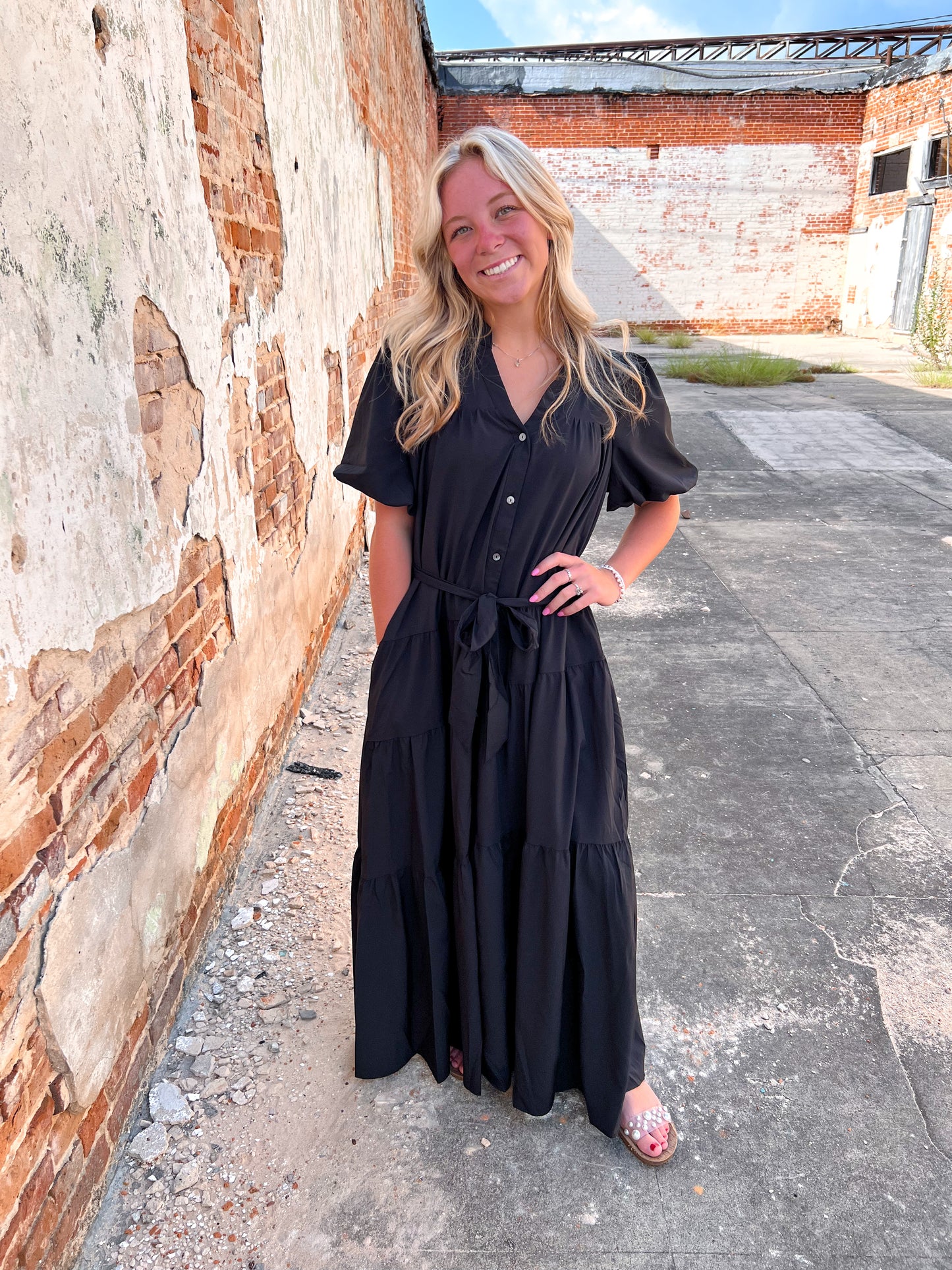 Kinsley Solid V-Neck Puff Sleeve Button Down Midi Dress - Black-Midi Dress-Entro-bin c3, CR 08/21/24-The Twisted Chandelier