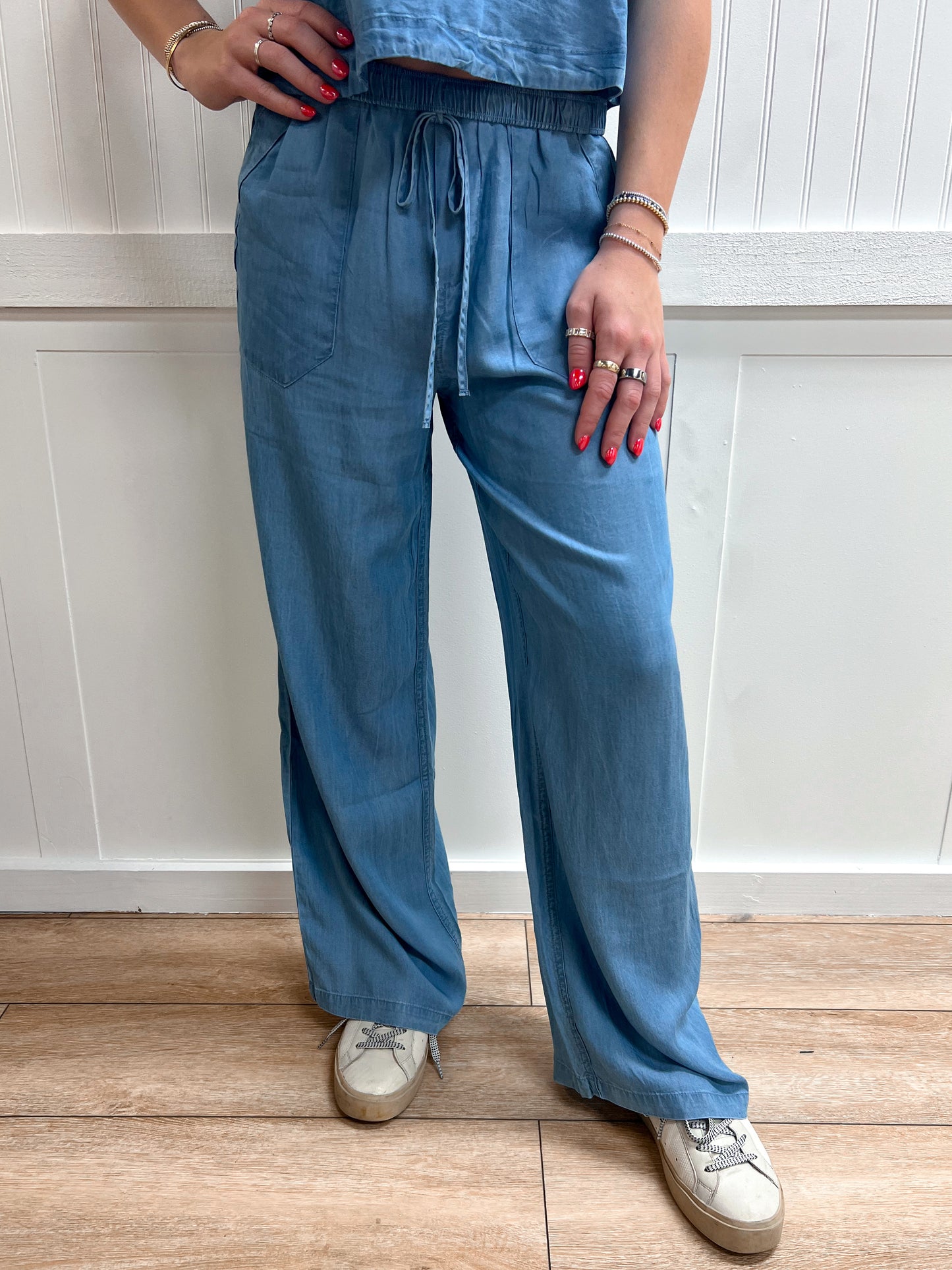 Hadley Chambray Drawstring Wide Leg Lounge Pants-Blu Pepper-bottoms,CR2967,FD 03/12/26-The Twisted Chandelier