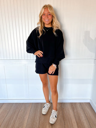 Nila Ribbed Round Neck Pullover and Short Set - Black-Zenana-03/02/26,FD 11/26/25-The Twisted Chandelier