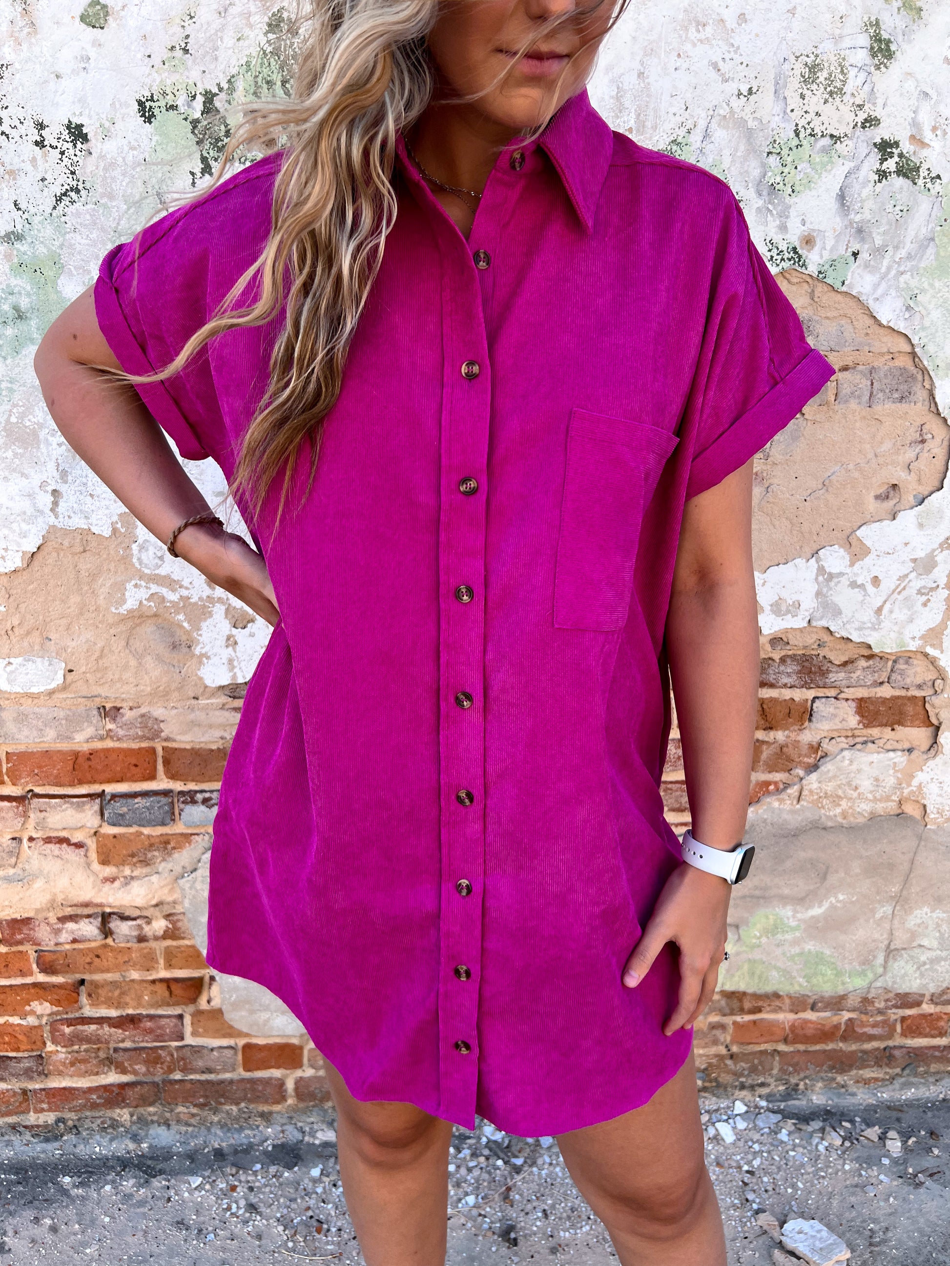 Samantha Solid corduroy button down short sleeve dress-dress-Entro-11/28/23 md, 1st md, BIN A3-The Twisted Chandelier