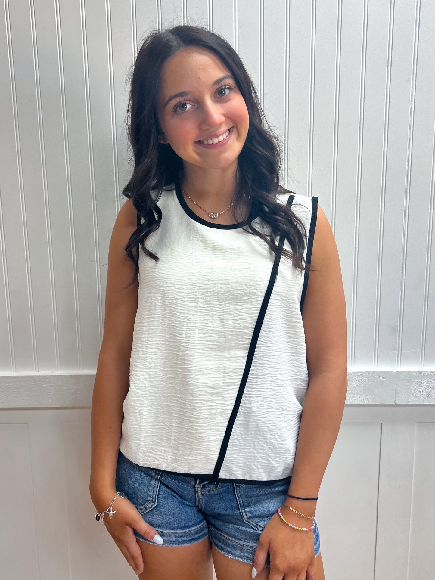 Emery Sleeveless Round Neck Woven Top with Contrasting Edge Detail-Active Basic | Active USA-FD 04/30/26,Tops Collection-The Twisted Chandelier