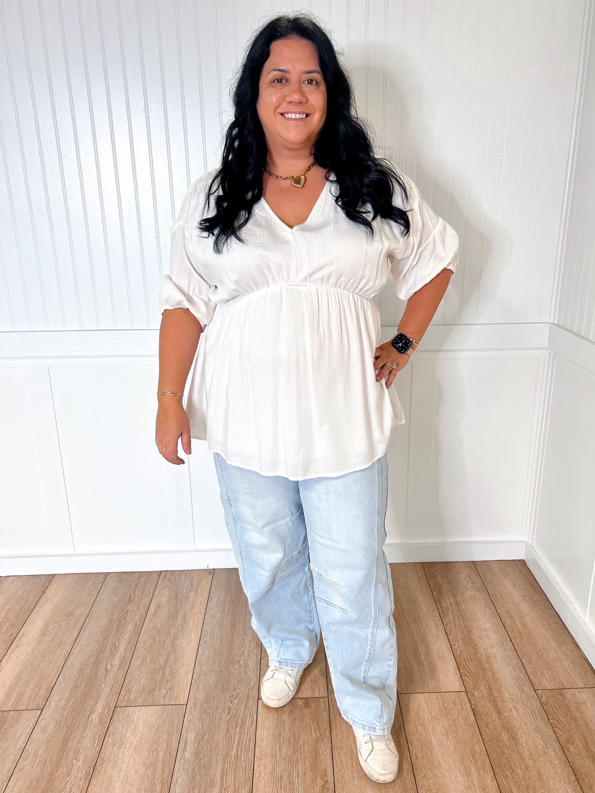 Kylie V-Neck Blouse Textured Baby Doll Top- Plus-BLOUSE TOP-Heyson-04/21/25,04/25,05/27/24,1st md,Max Retail,Tops Collection-The Twisted Chandelier