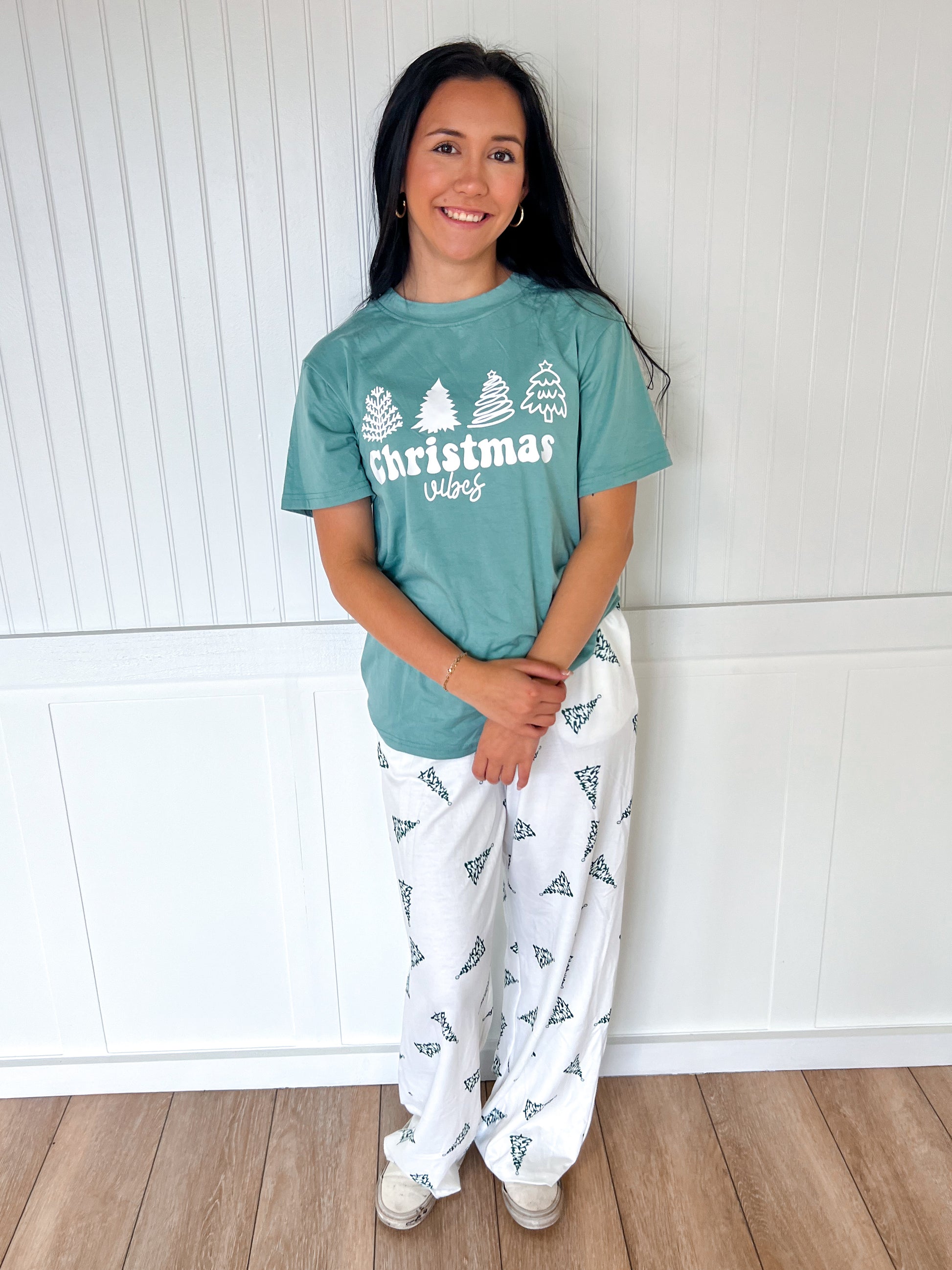 Christmas Pajamas Tree Printed Tee and Pants Lounge Set-fashionworks-Christmas tote ct1,FD 12/03/24-The Twisted Chandelier