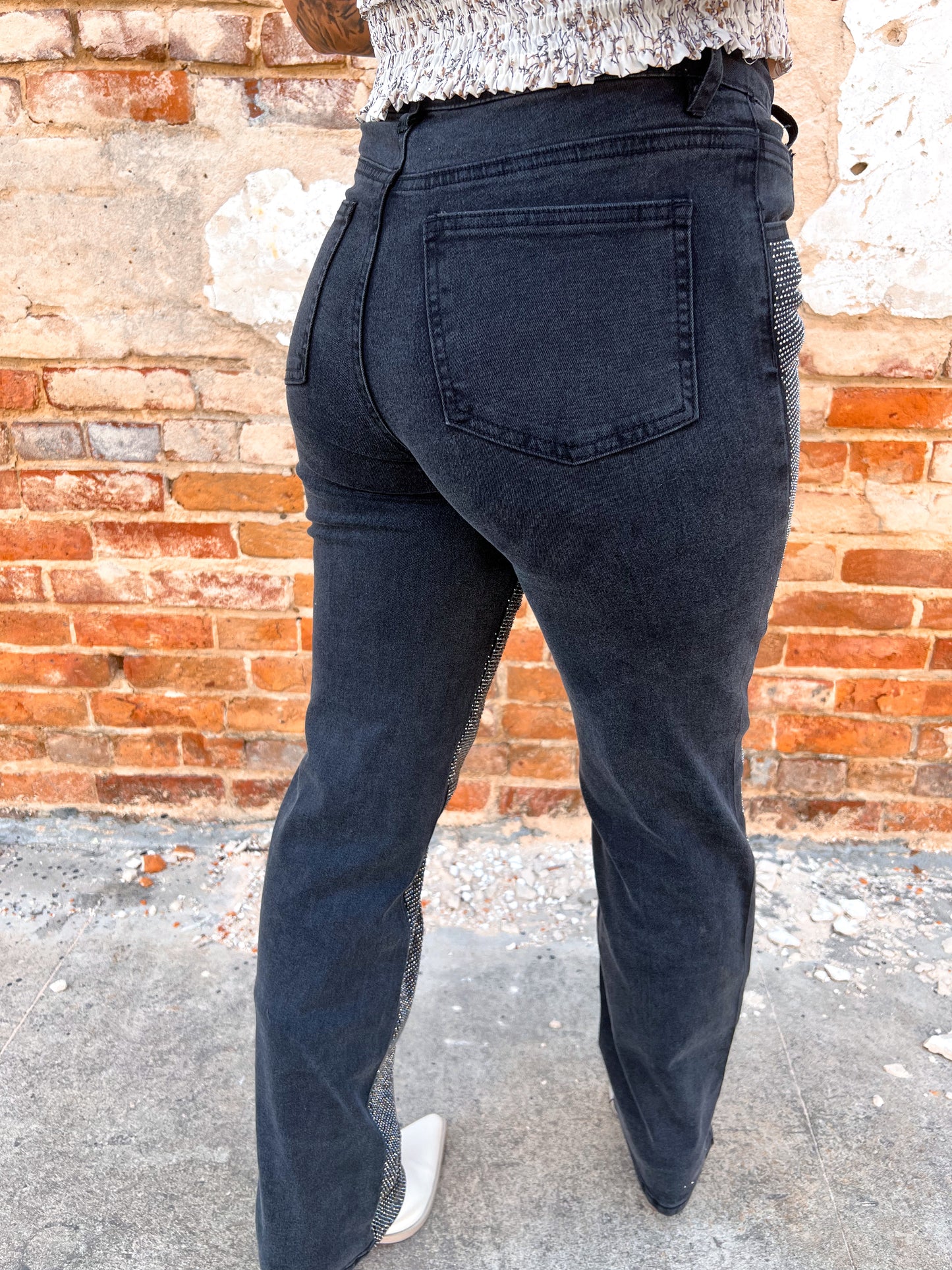 Ida High Rise Rhinestone Studded Black Denim Jeans