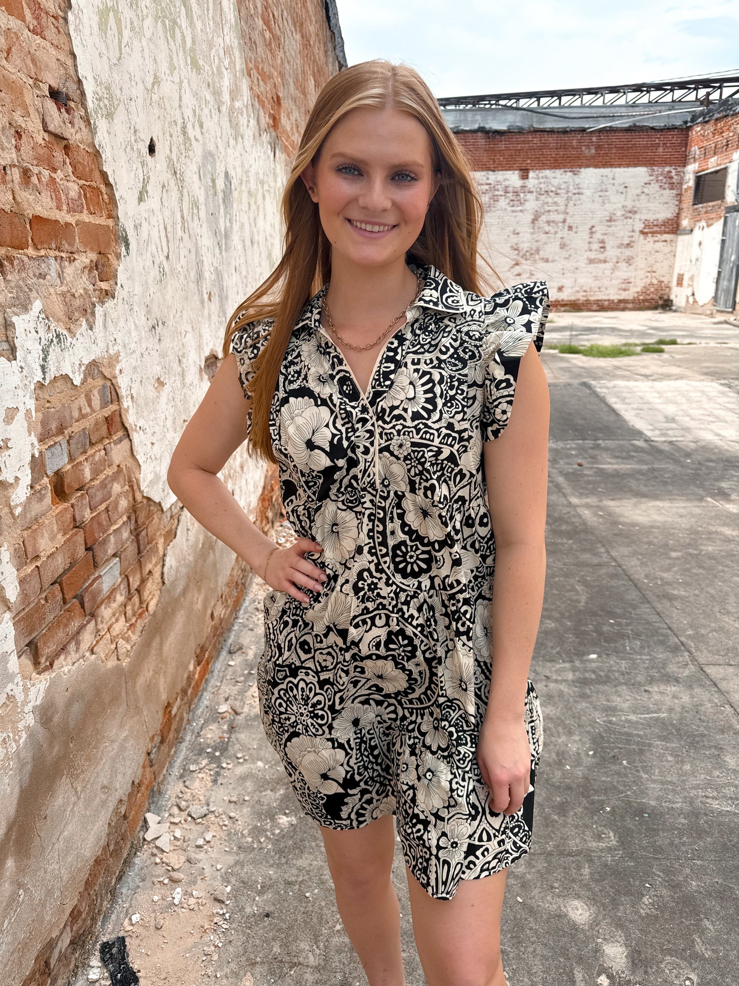 Carreen Abstract Print V-Neck Babydoll Dress with Ruffled Cap Sleeves-Dress-Umgee-09/03/24, 1st md, A0953, BIN A2, FD 05/15/24, OGP 59.99-The Twisted Chandelier