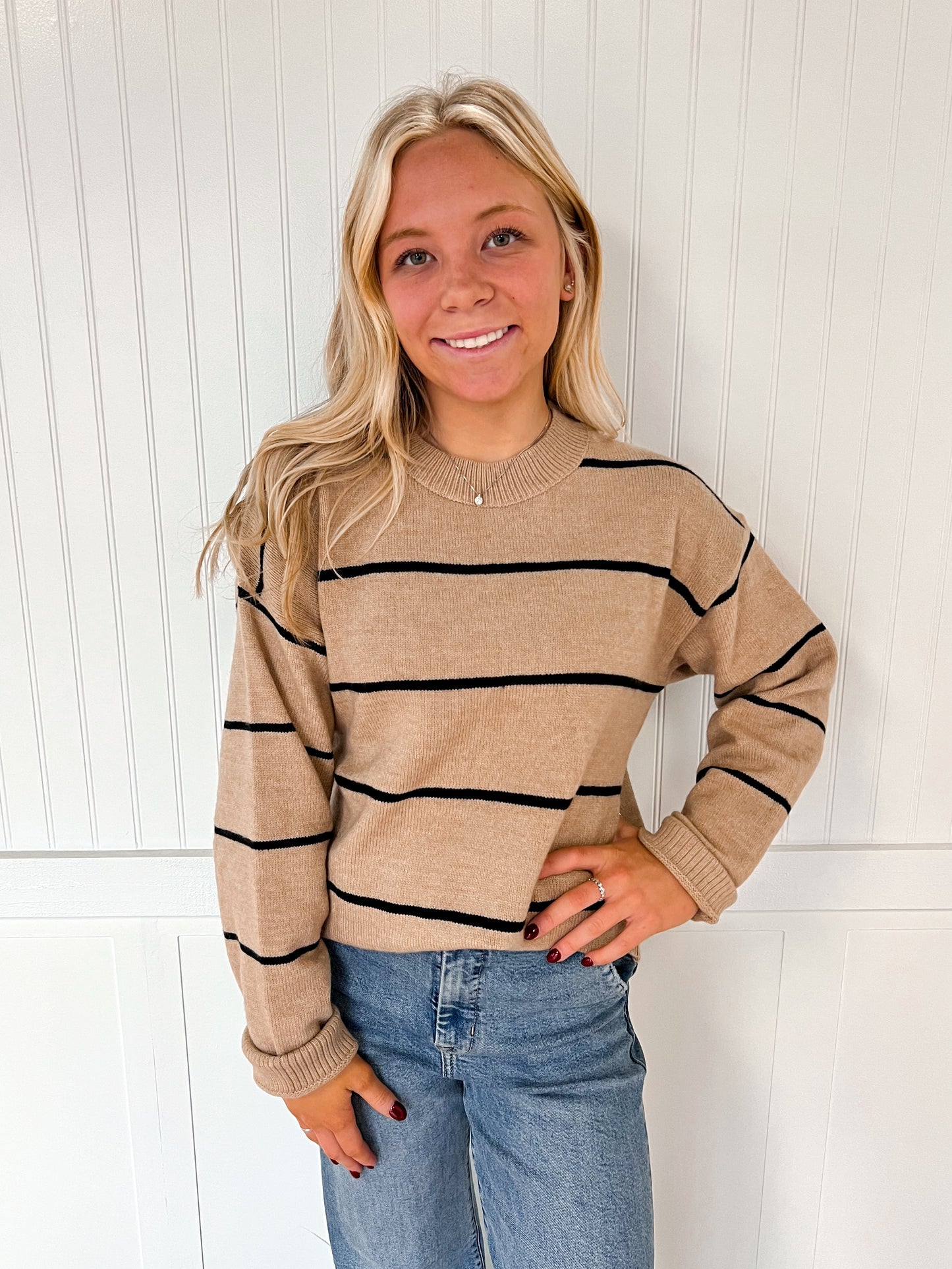 Hadley Loose Fit Stripe Long Sleeve Crewneck Sweater-La Miel-Bin a4,FD 09/30/25,HCS3553,Tops Collection-The Twisted Chandelier